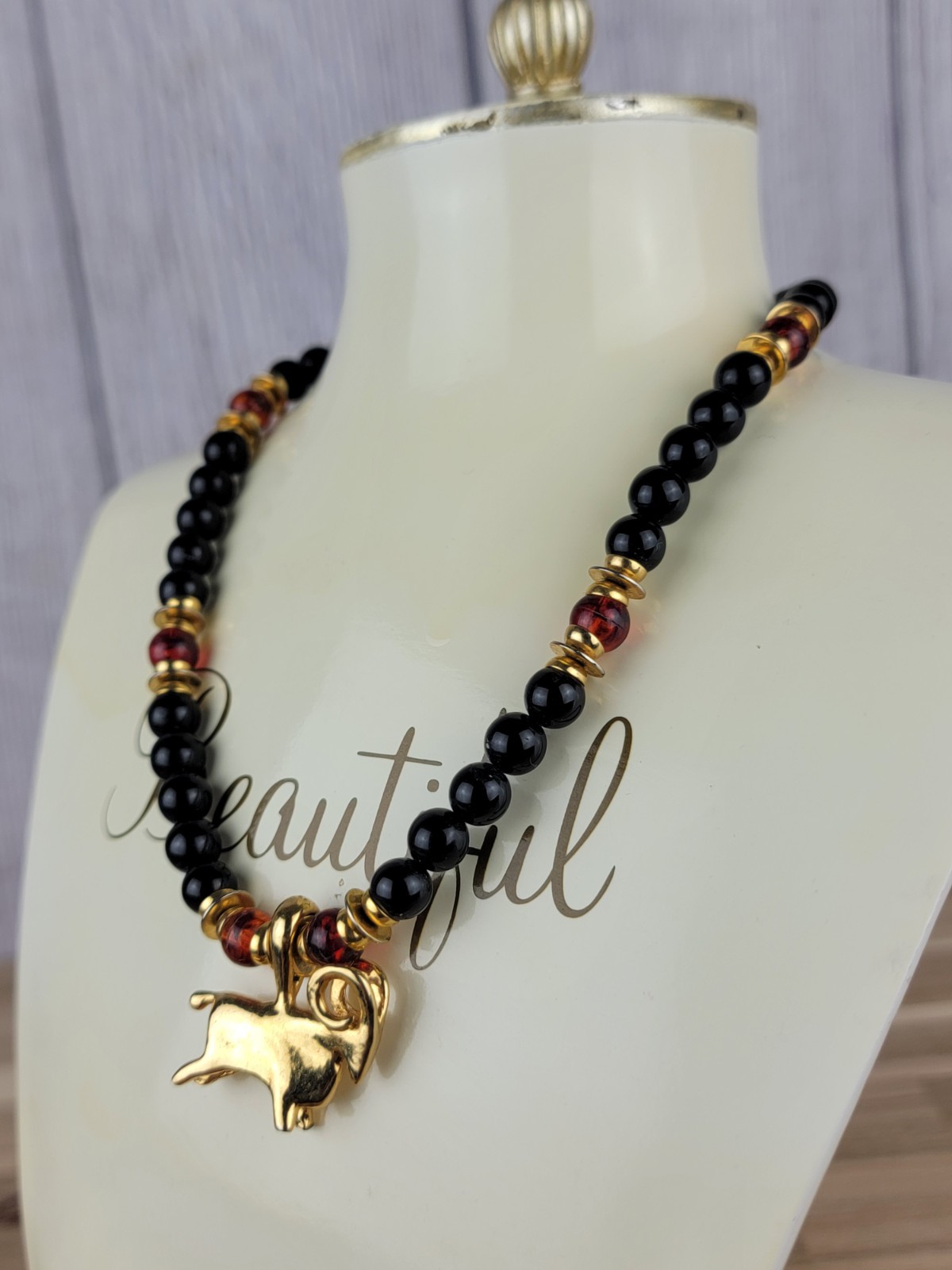 Vintage Gay Boyer Signed 15″ Beaded Necklace Ram Pendant Rare