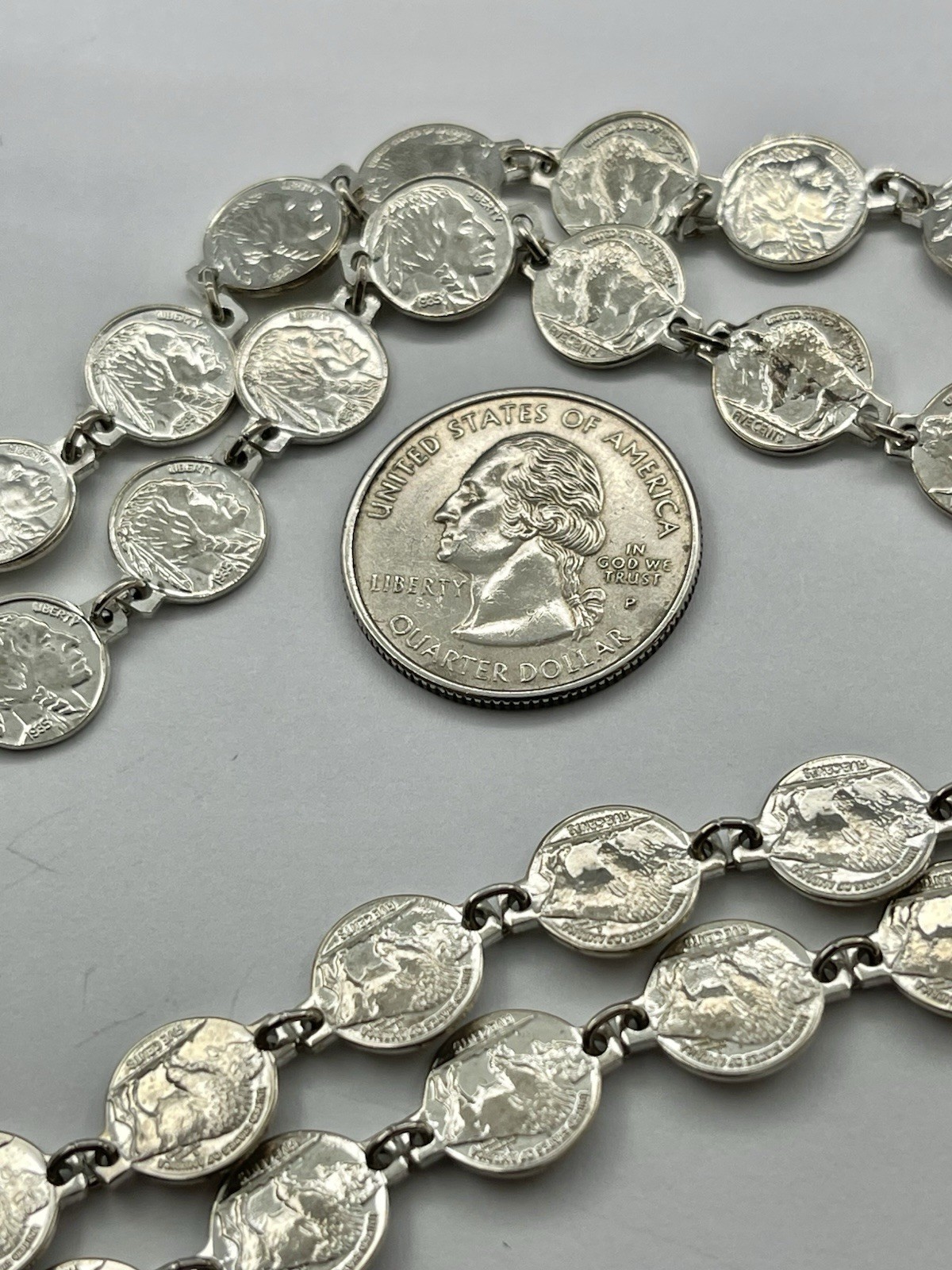Vintage Southwest Miniature Buffalo Nickel Silvertone Necklace 38”