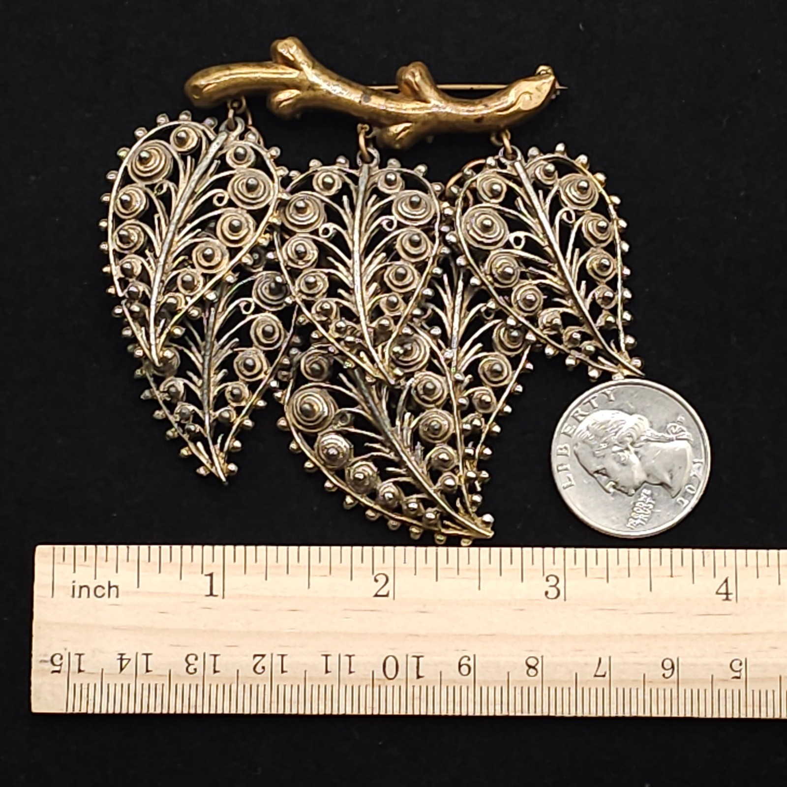 Vintage Filigree Dangle Leaf Brooch Statement Nature Gold & Silver Tone Ornate