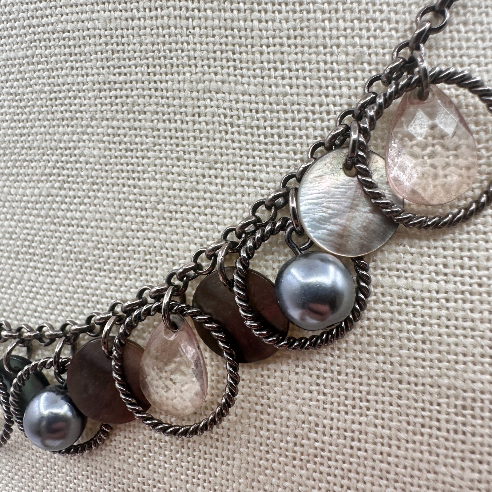 VTG Gunmetal Faux Tahitian Pearl Rose Quartz Choker Bib Necklace Charm Fringe