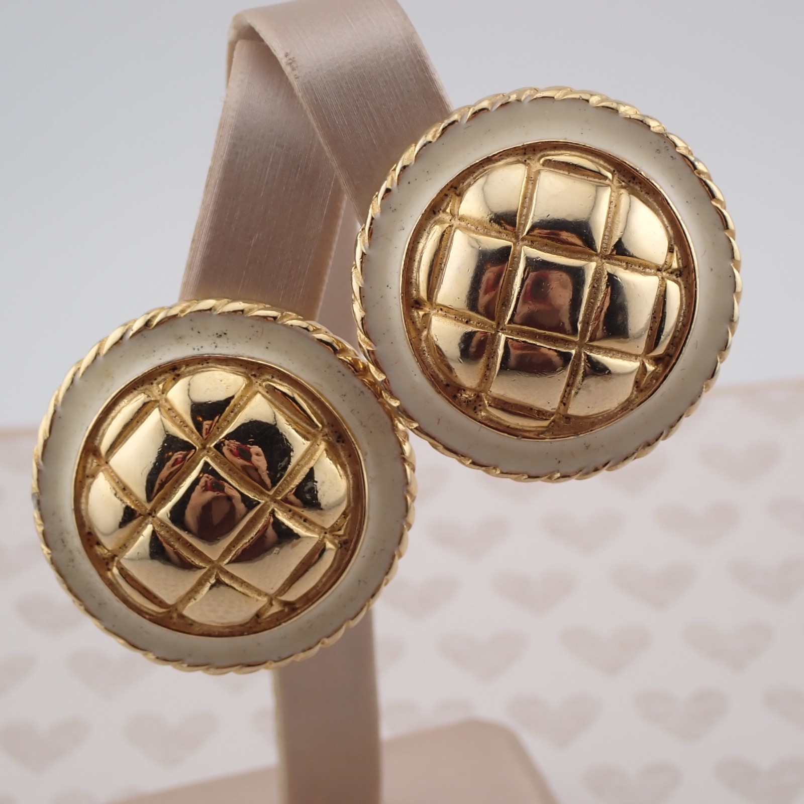 Vintage Oversized Gay Boyer Puffy Lattice Dome Cream Enamel Round Clip Earrings