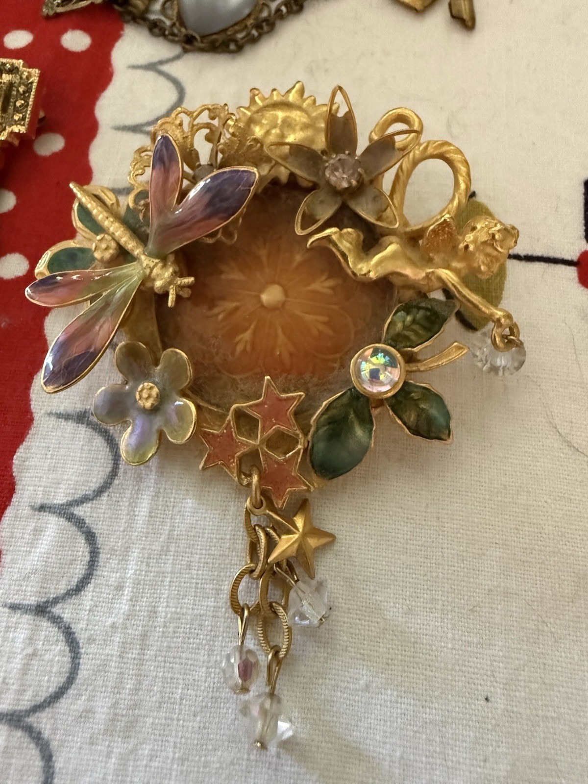 Kirks Folly Fairy Wishing Pool Pin Gold Tone Dragonfly Whimsical Brooch 2.5”