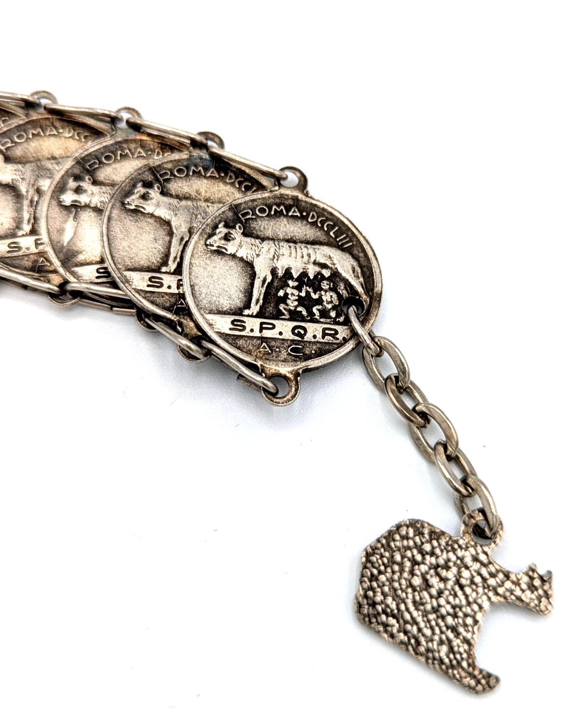 Roman Souvenir Silver link Coin Bracelet Rome Tourist SPQR Romulus & Remus 1960