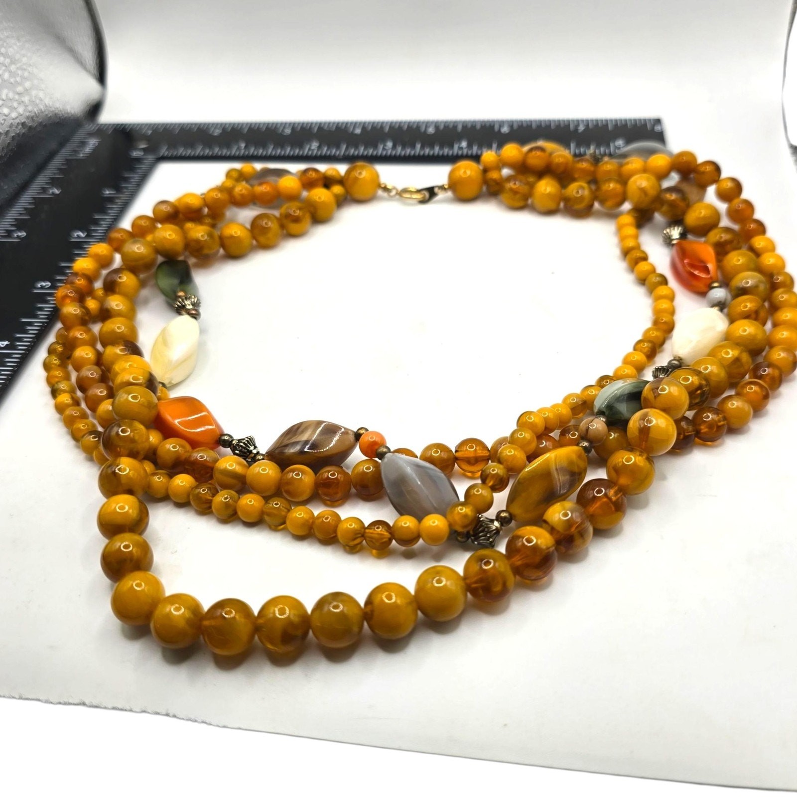 Necklace Vintage Multi Strand Beaded Orange White Lucite 18″ Retro SKU2321