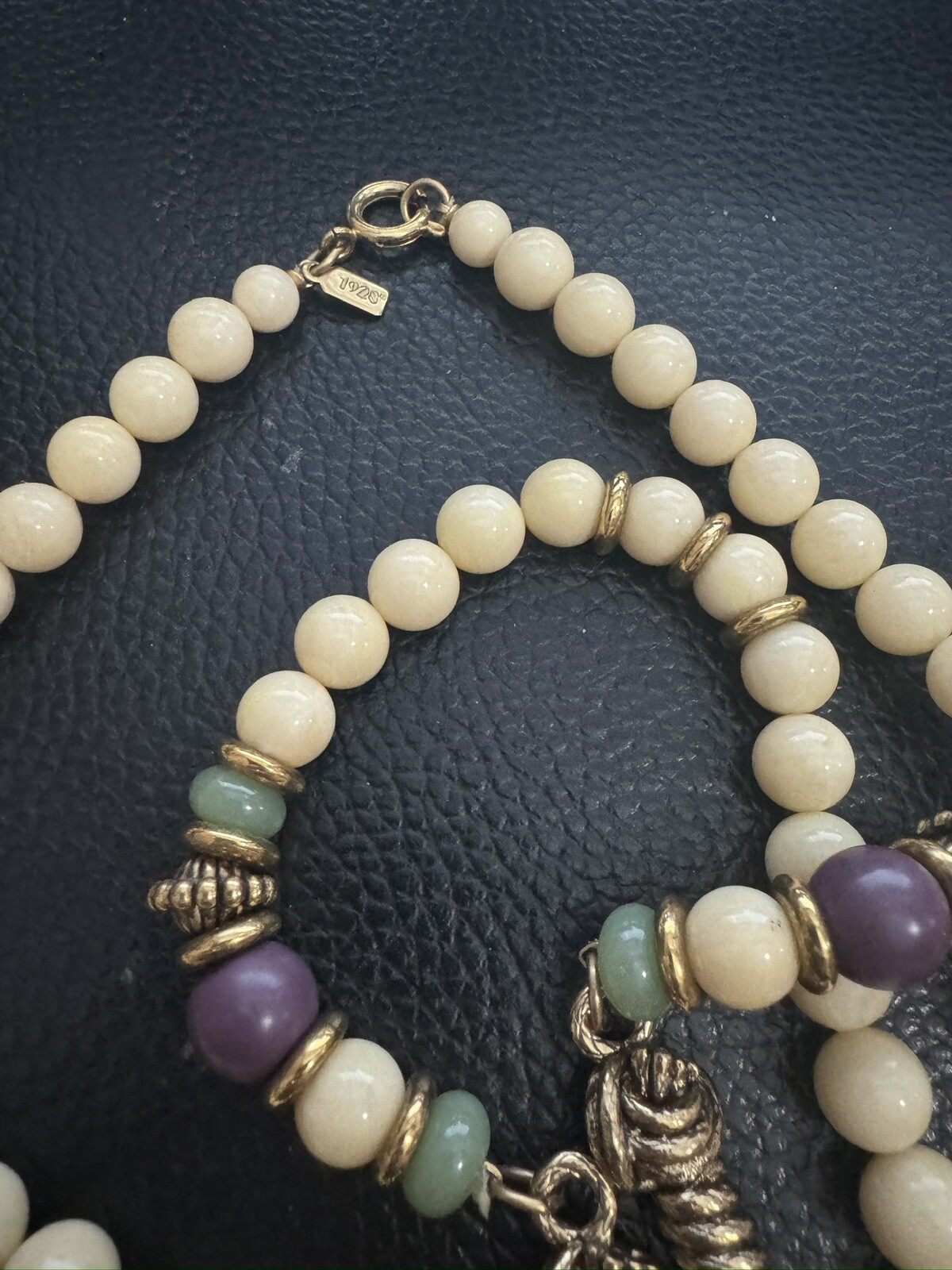 Vintage 1928 CREAM COLOR BEAD NECKLACE GREEN PURPLE BEAD ACCENTS