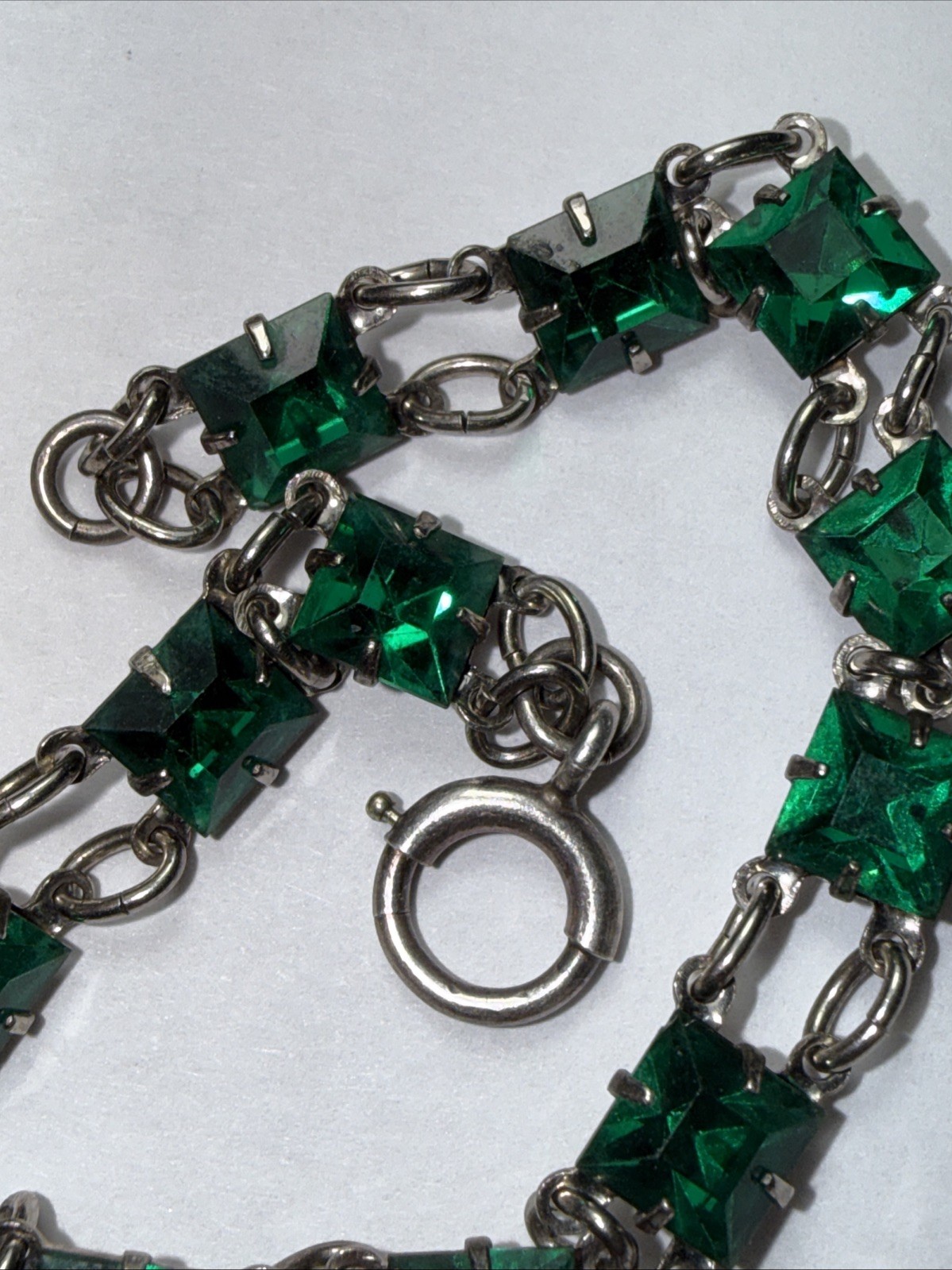 Bracelet Art Deco Paste Gwen Emerald Glass Sterling Silver Square Stone Antique