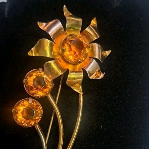 Huge 4″ Sterling Silver Gold Wash Flower Brooch Pin Amber Citrine Glass 16 Grams