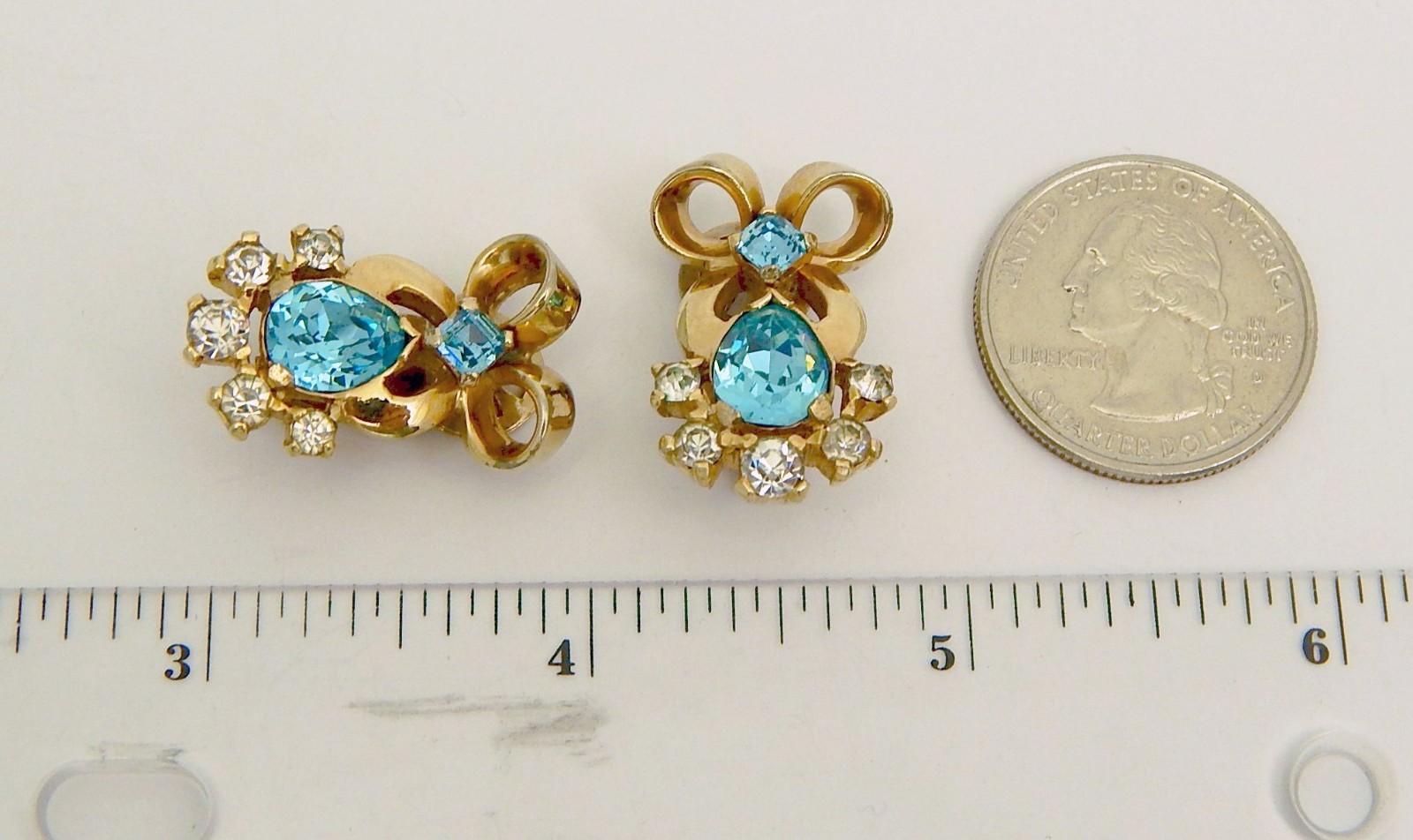 Mazer Clear & Blue Topaz Color Rhinestone Gold Tone Bow Clip Earrings Free Ship