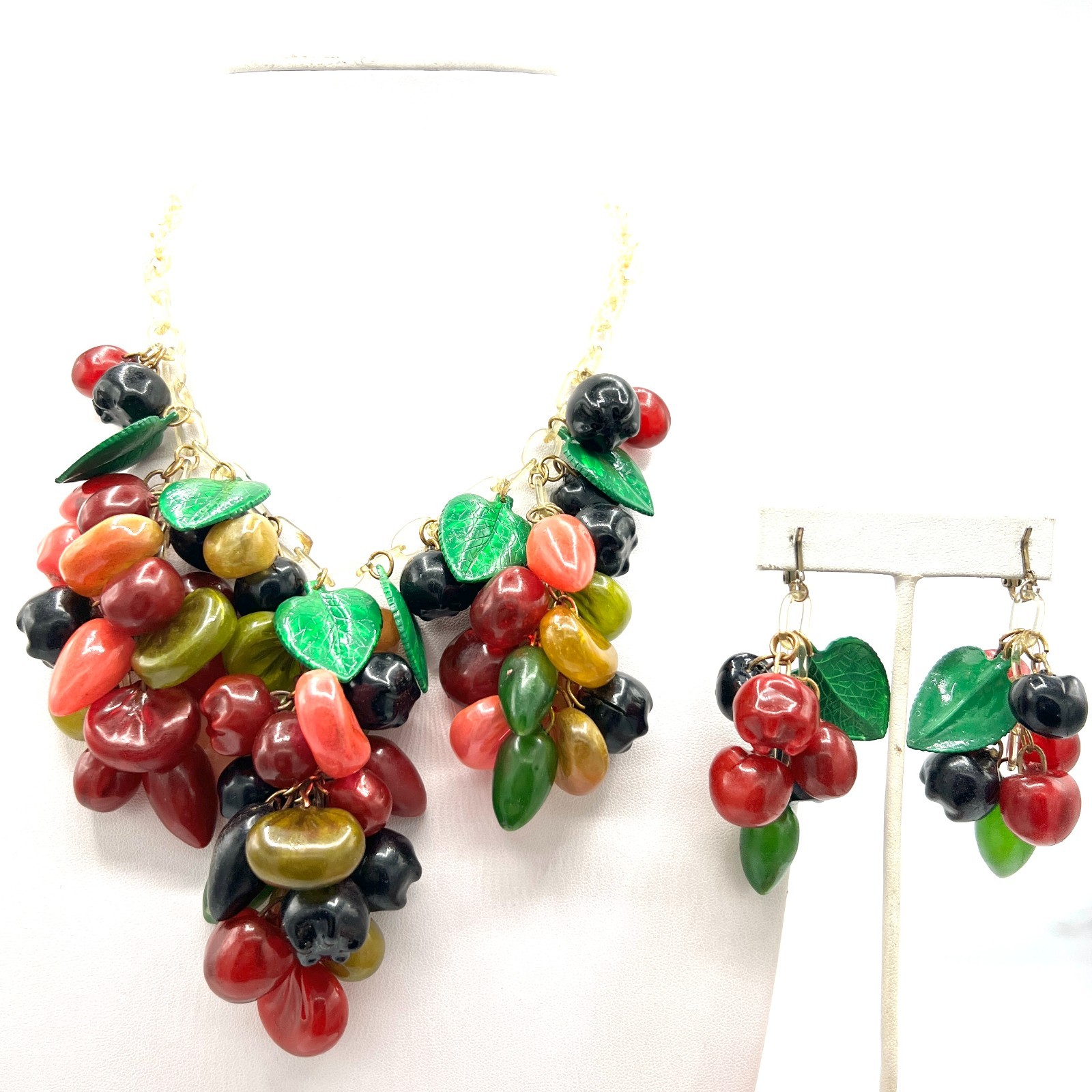 Anka Celluloid Mixed Fruit Necklace & Earring Set Vintage Stock 1920s Fruit