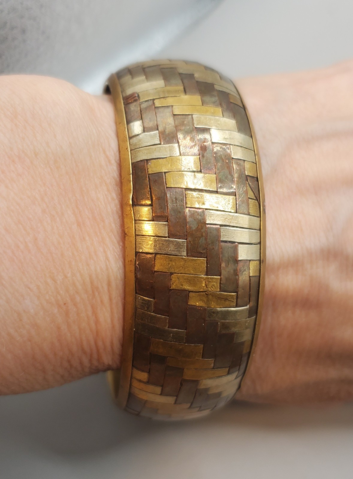 3 Vtg Tri-metal Brass Copper Bangles: Basket Weave, Braided, Rectangle Design
