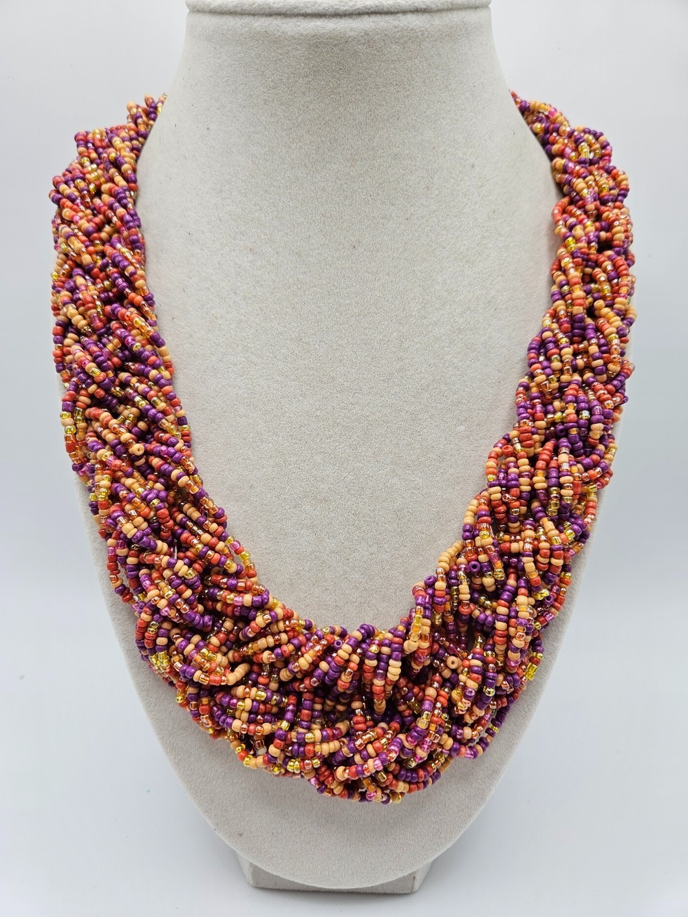 VINTAGE Multicolor Glass Seed Bead Braided Beaded Statement Necklace Boho