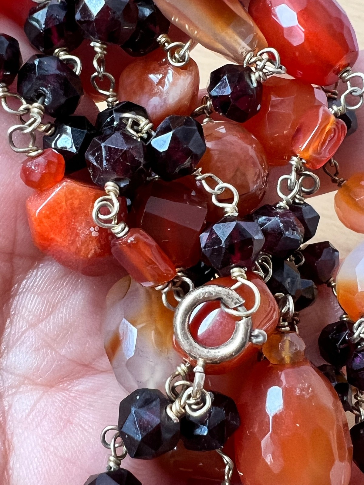 VINTAGE AGATE RHODOLITE GARNET 925 STERLING SLVR LONG STATION STATEMENT NECKLACE