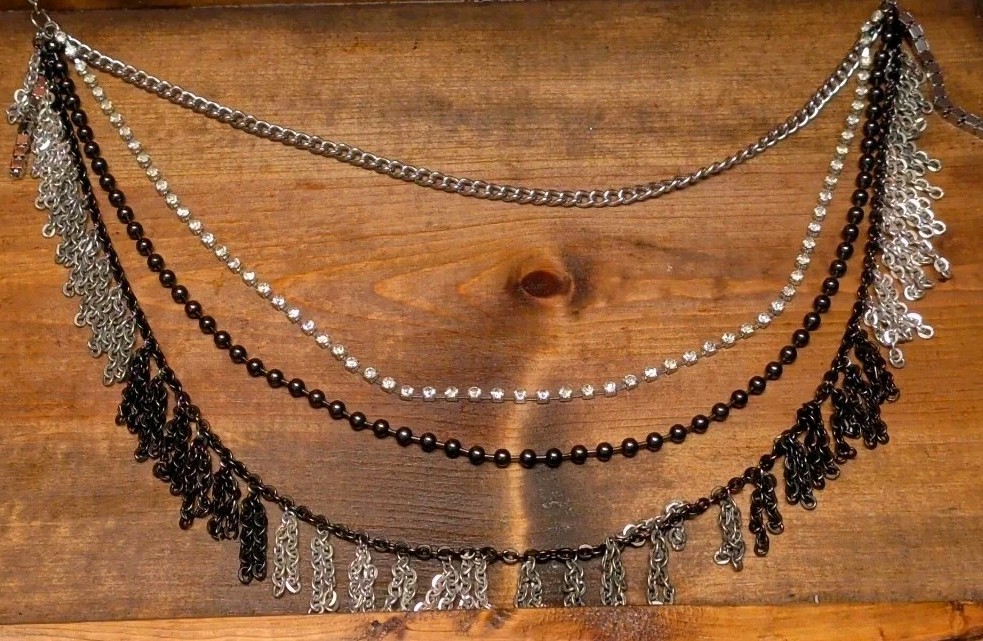 VTG Rock Punk Gothic 4 Layers Blk, Silver, Rhinestone, Fringe, Chain necklace