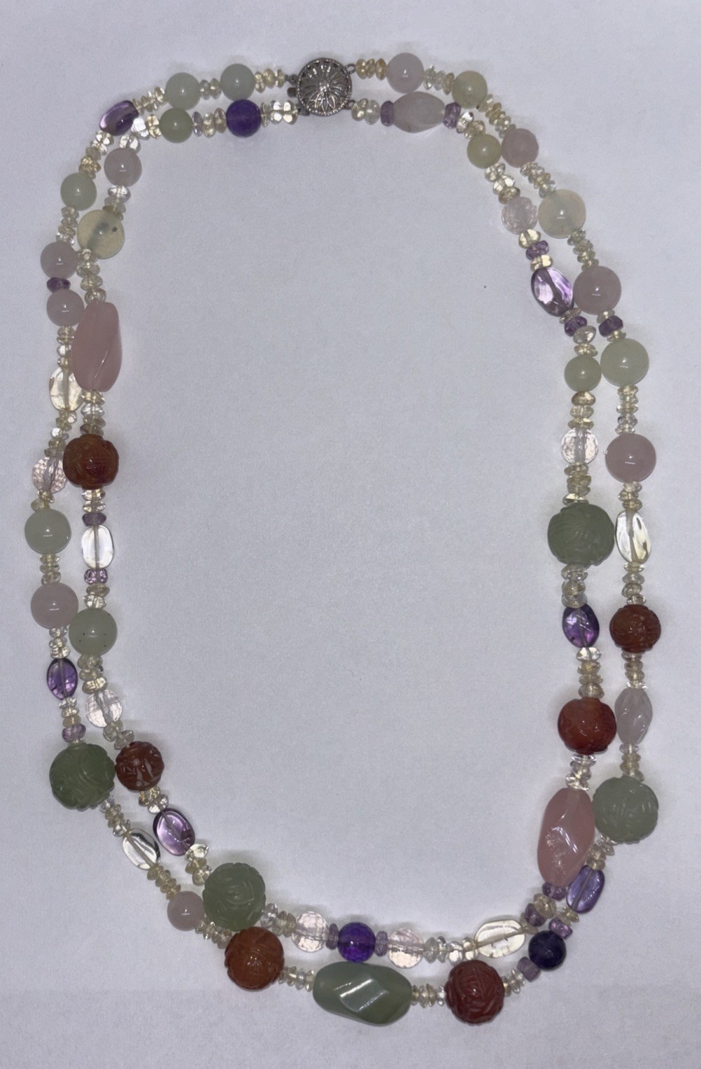 Multi-Gemstone 2-Strand Necklace Carved Jade Amethyst Sterling Silver STG 85g