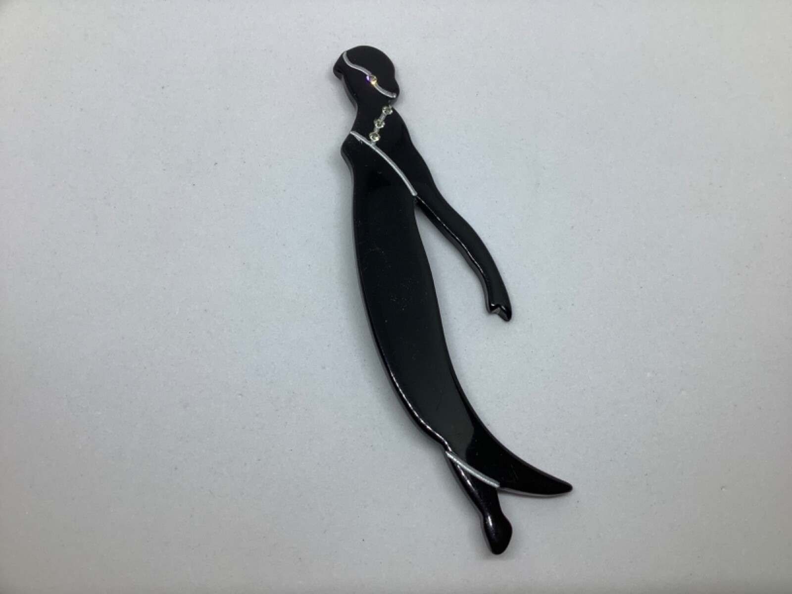 Vintage Lucite Brooch Pin Flapper Lady Black Clear Rhinestones Large 4 inch