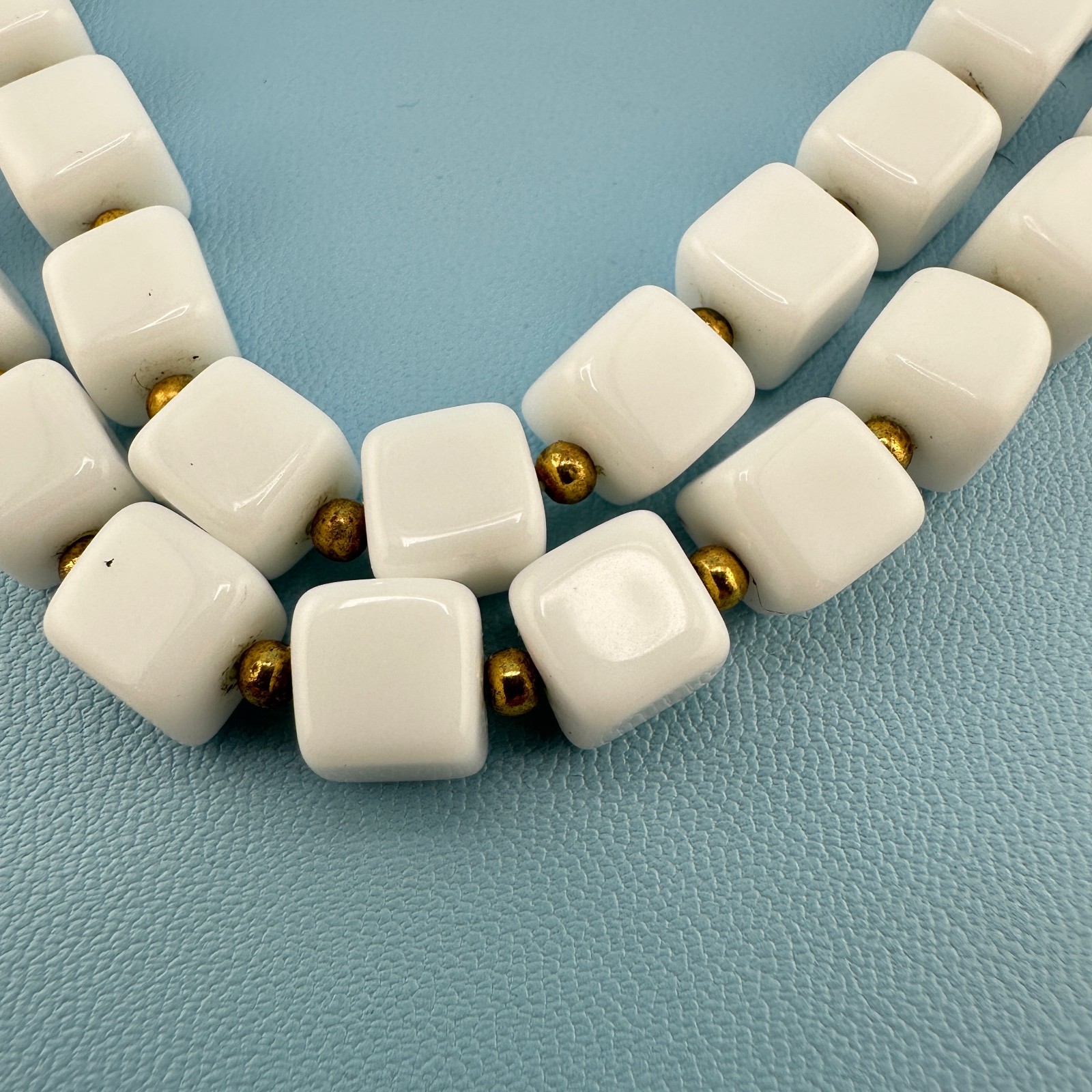 Vintage White Milk Glass Necklace Double Strand Square Shape Bead Retro Mod 18″