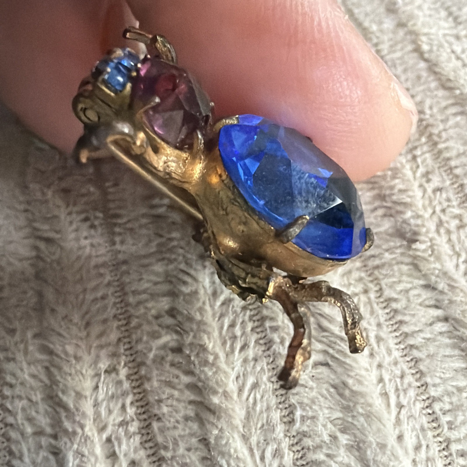 Antique Bug Insect Fly Brooch Pin Cobalt Blue Purple Rhinestones Brass Tones