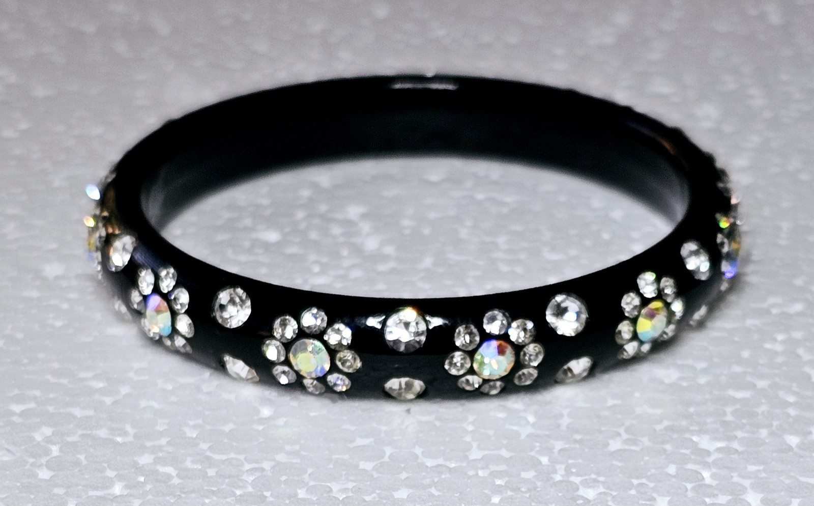 Vintage Bracelet Black Lucite Flowers White & AB Rhinestones All Around
