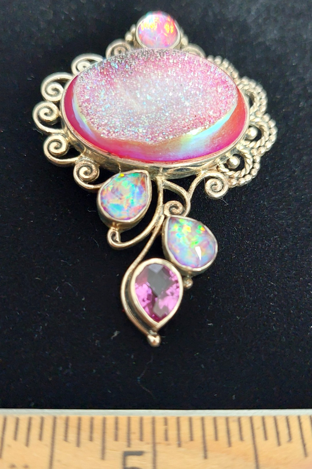 Vintage Sajen 925 Pendant Beautiful Aurora Open Geode Pink Druzy Quartz