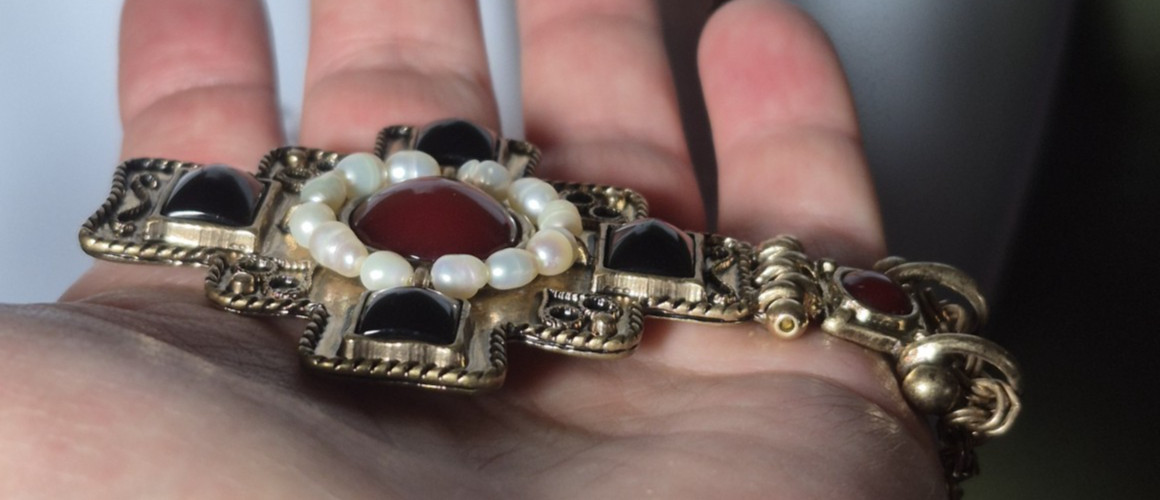 Dell’Olio Byzantine Cross Pendant Necklace Faux Pearl Red Black Statement