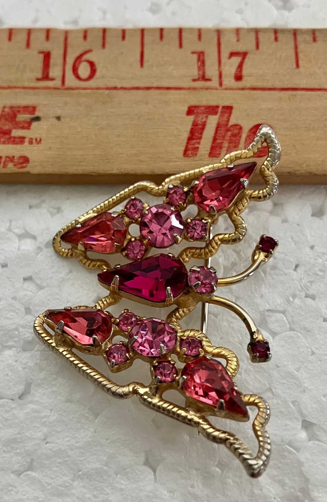 VTG WEISS Signed Gold Tone Butterfly Pin Brooch Pink Bug Estate Sale Rhinestone