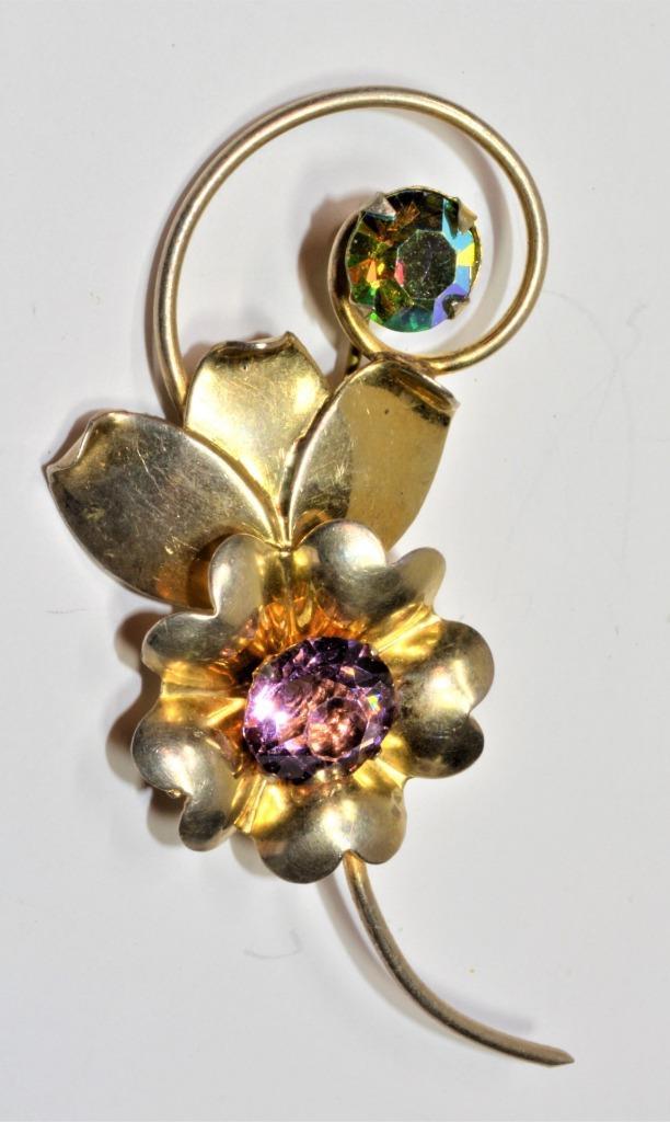 Stamped STERLING Gold Vermeil Rhinestones FLOWER Shape Pin Brooch 7.98g