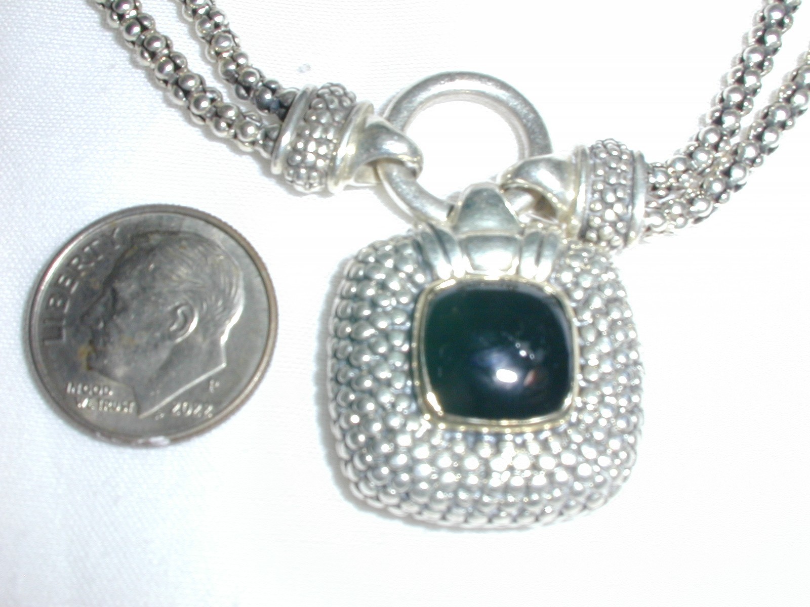GABRIELLE BRUNI- STERLING 14K GOLD ONYX PENDANT NECKLACE W/ DOUBLE POPCORN CHAIN