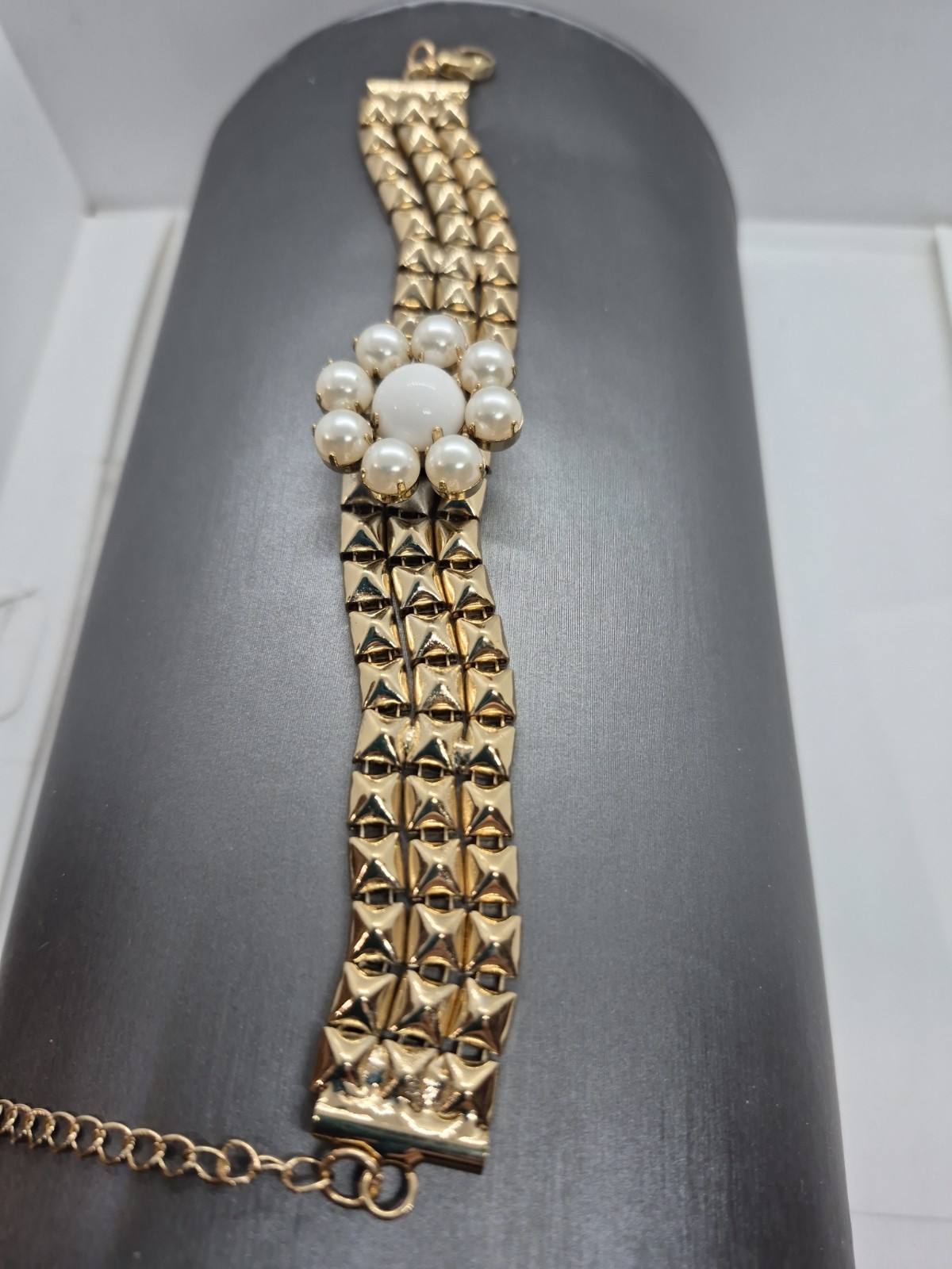 Vintage Gold-Tone Bracelet Triple-Row Studded Band & Floral Faux Pearl Cluster