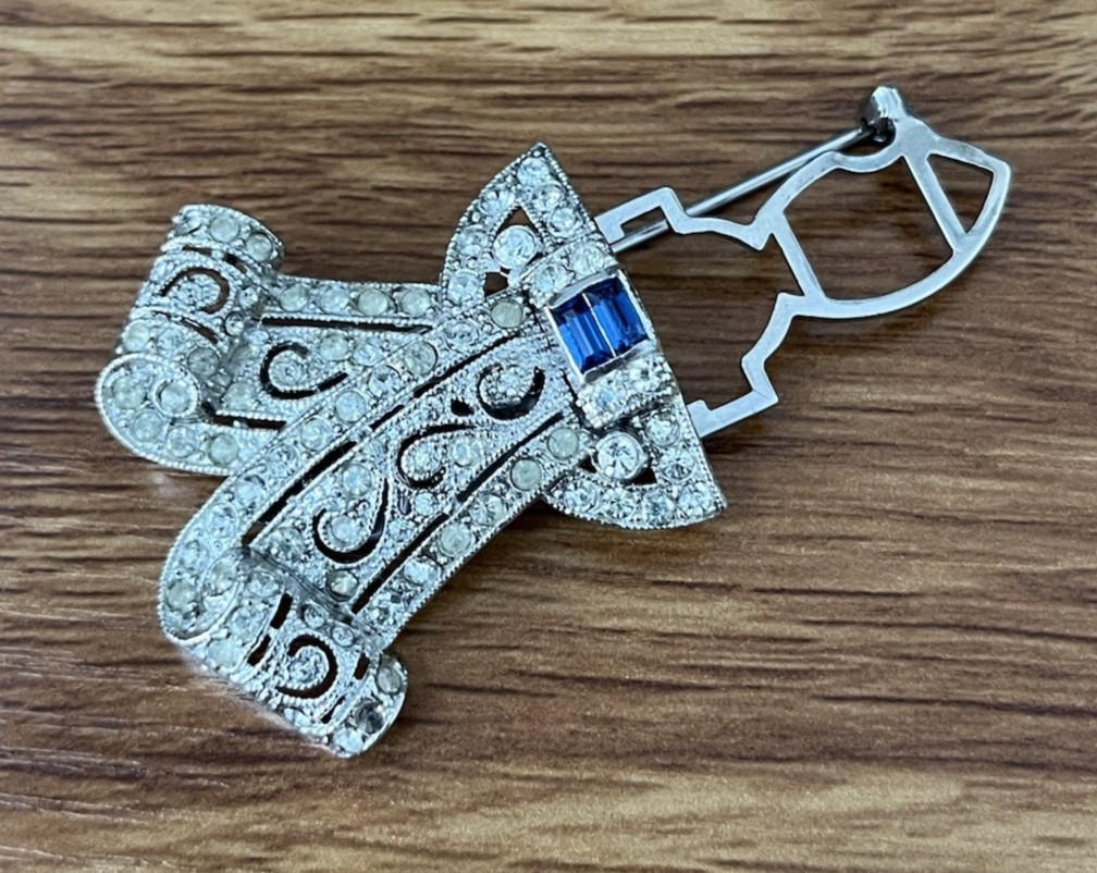 Vintage Coro Duette Bow Art Deco Silver Tone Brooch Dress Clip *Needs Repair*