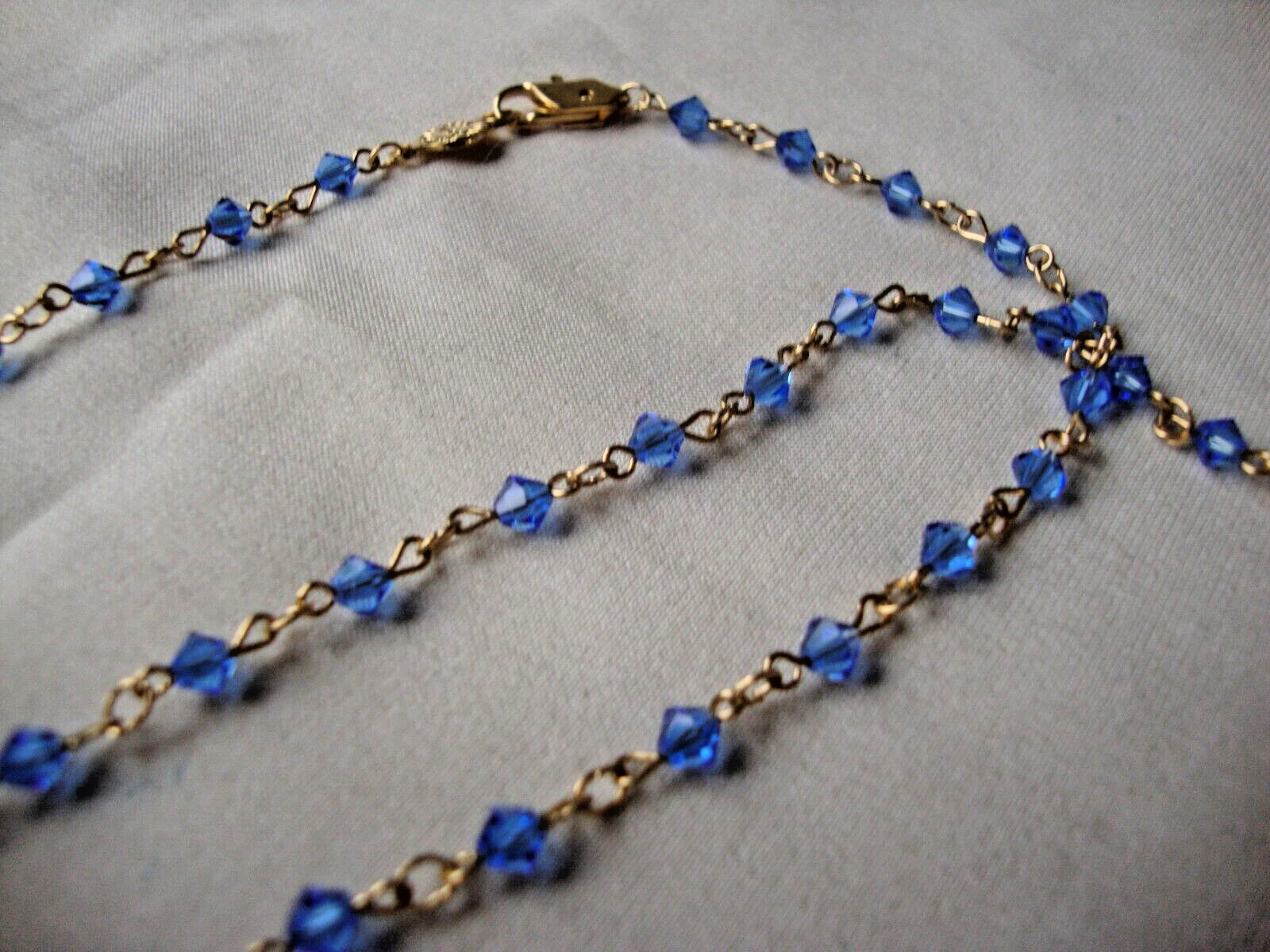 VINTAGE MINIATURE AUSTRIAN CRYSTAL SWISS BLUE CRYSTAL BEADS GOLD TONE NECKLACE