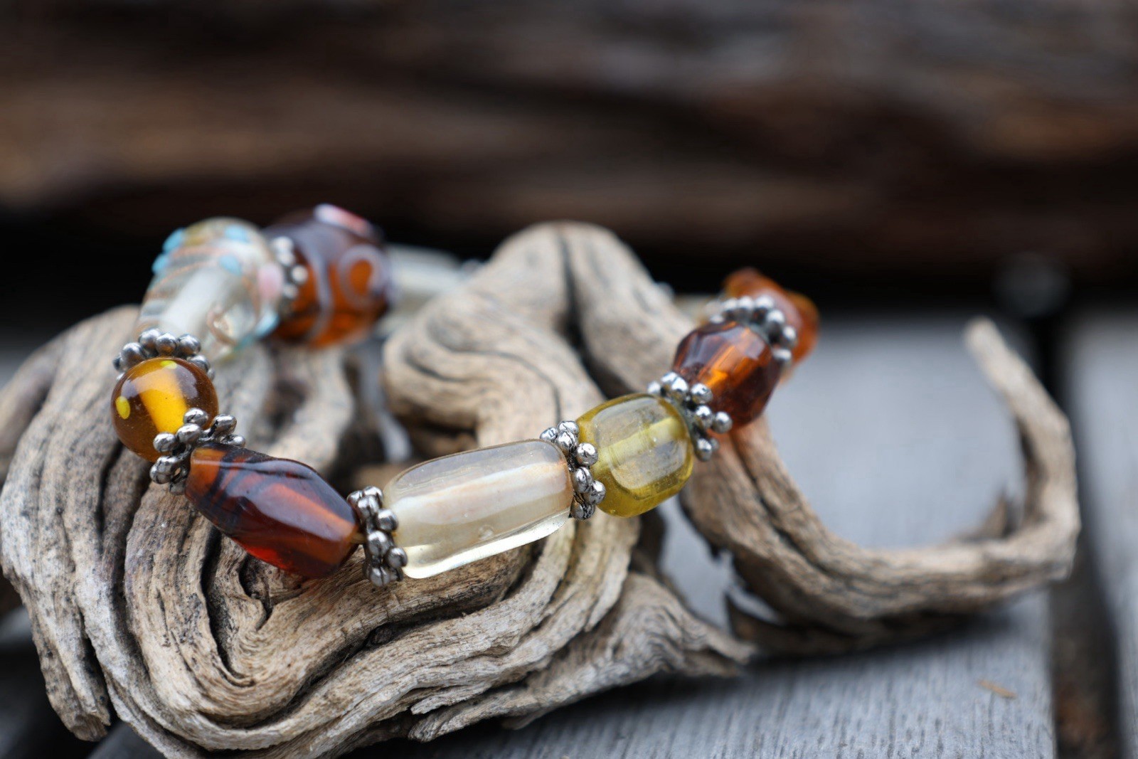 Vintage Lampwork Art Glass Bead Bracelet Amber Millefiori Stretch Boho Statement