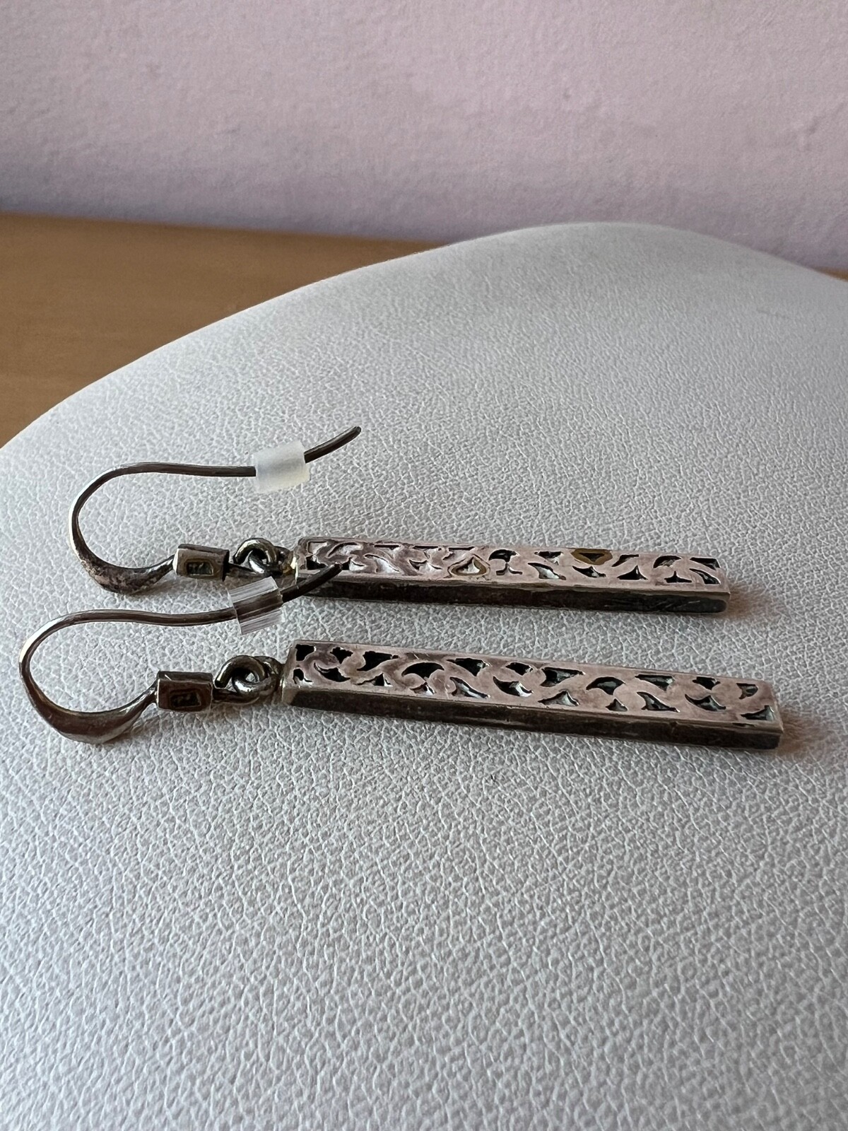 VINTAGE 925 STERLING SLVER MODERNIST ORNATE ETCHED BAR LONG DANGLE DROP EARRINGS