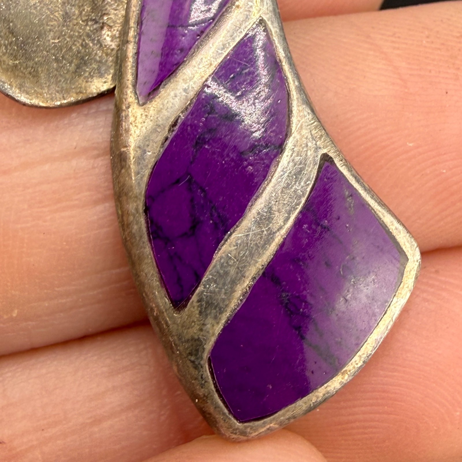 Vintage Sterling Silver Pendant Purple Polished Stone Inlay