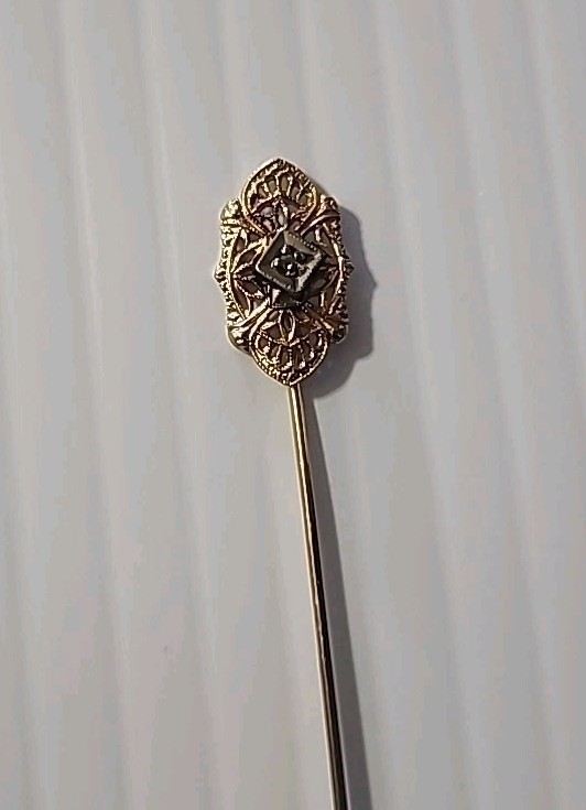 14K Solid Y. Gold Stick w/ 1/20 12k GF Diamond Stick Pin Vtg Marked BDA, 1.13 G