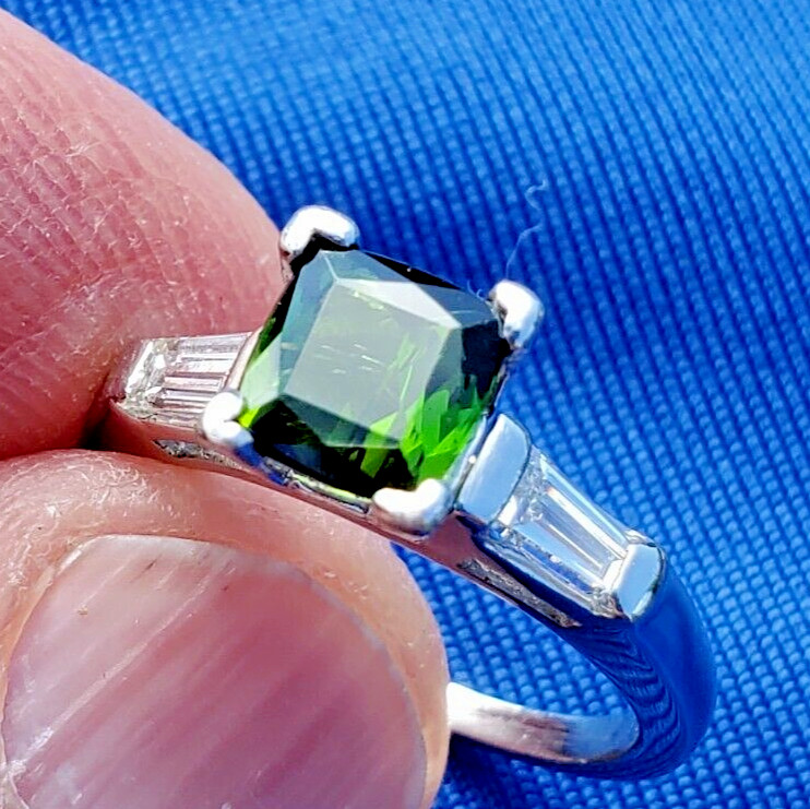 EARTH MINED TOURMALINE DIAMOND Deco Engagement Ring ORIGINAL PLATINUM Solitaire