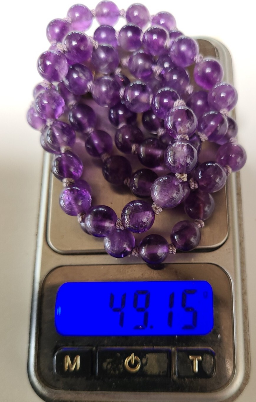 220ct 1940’s Chinese Export 64cm Genuine Amethyst 7-8mm Bead Necklace 49 Grams