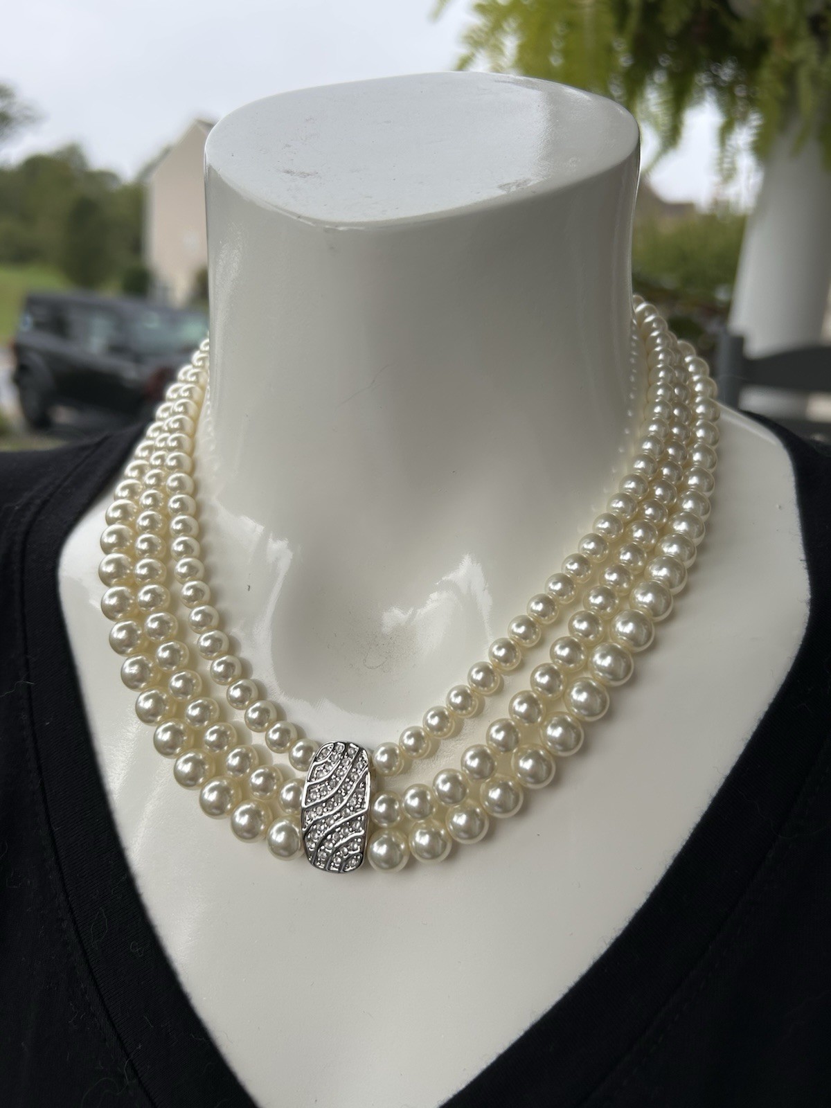 Vintage 3 Strand Pearl Necklace Silver Tone With Crystals 16” + Extender