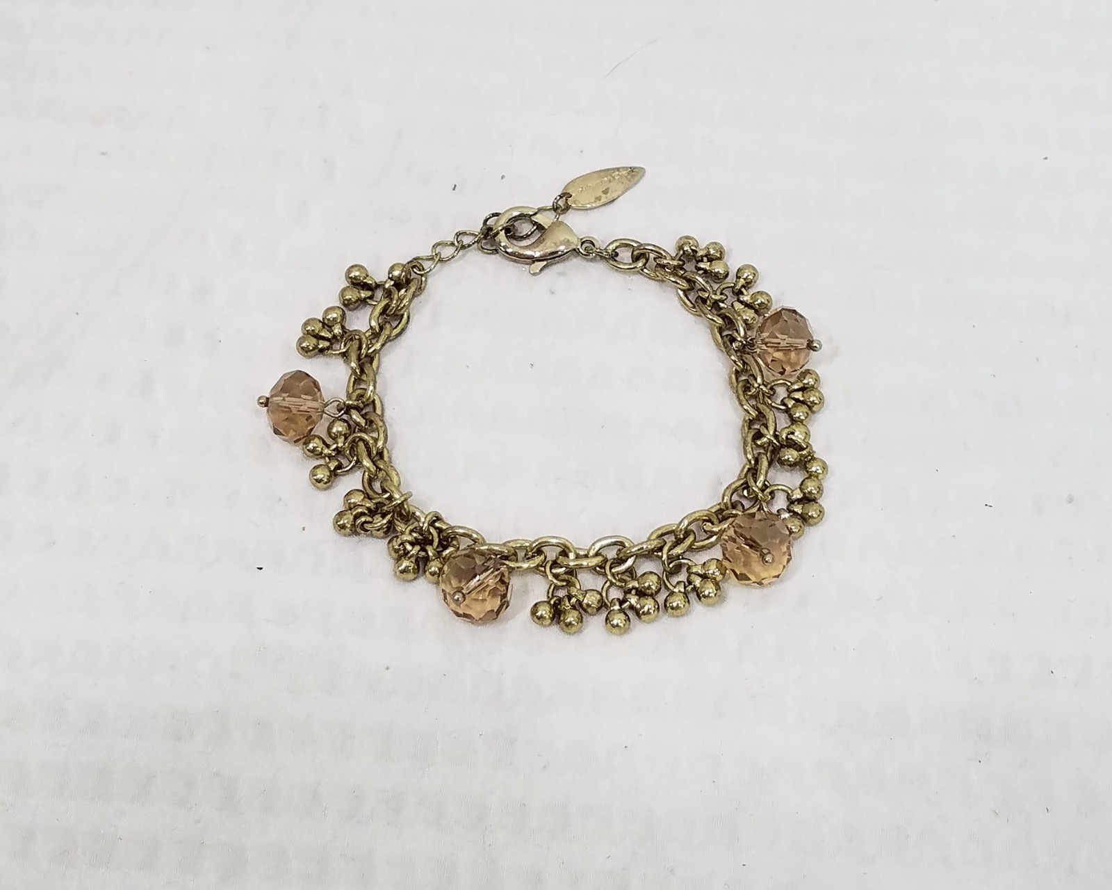 VTG Signed Coldwater Creek Taupe Crystal Bead And Gold Tone Charm Style Bracelet