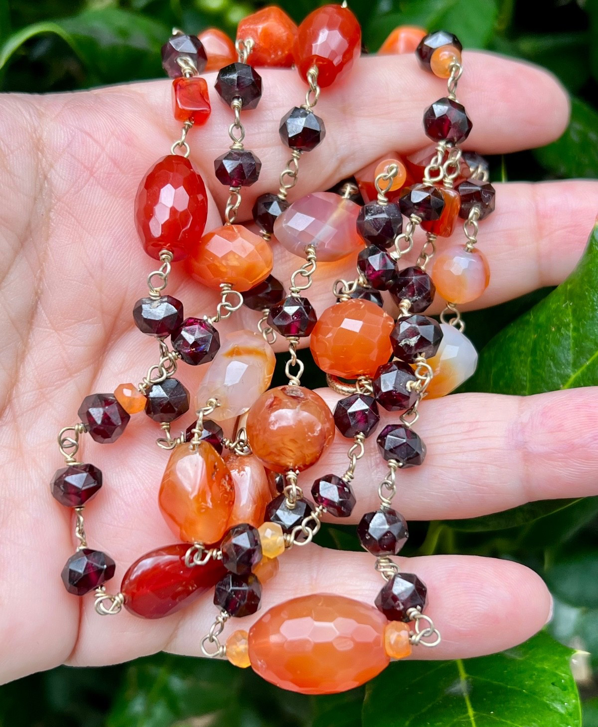 VINTAGE AGATE RHODOLITE GARNET 925 STERLING SLVR LONG STATION STATEMENT NECKLACE