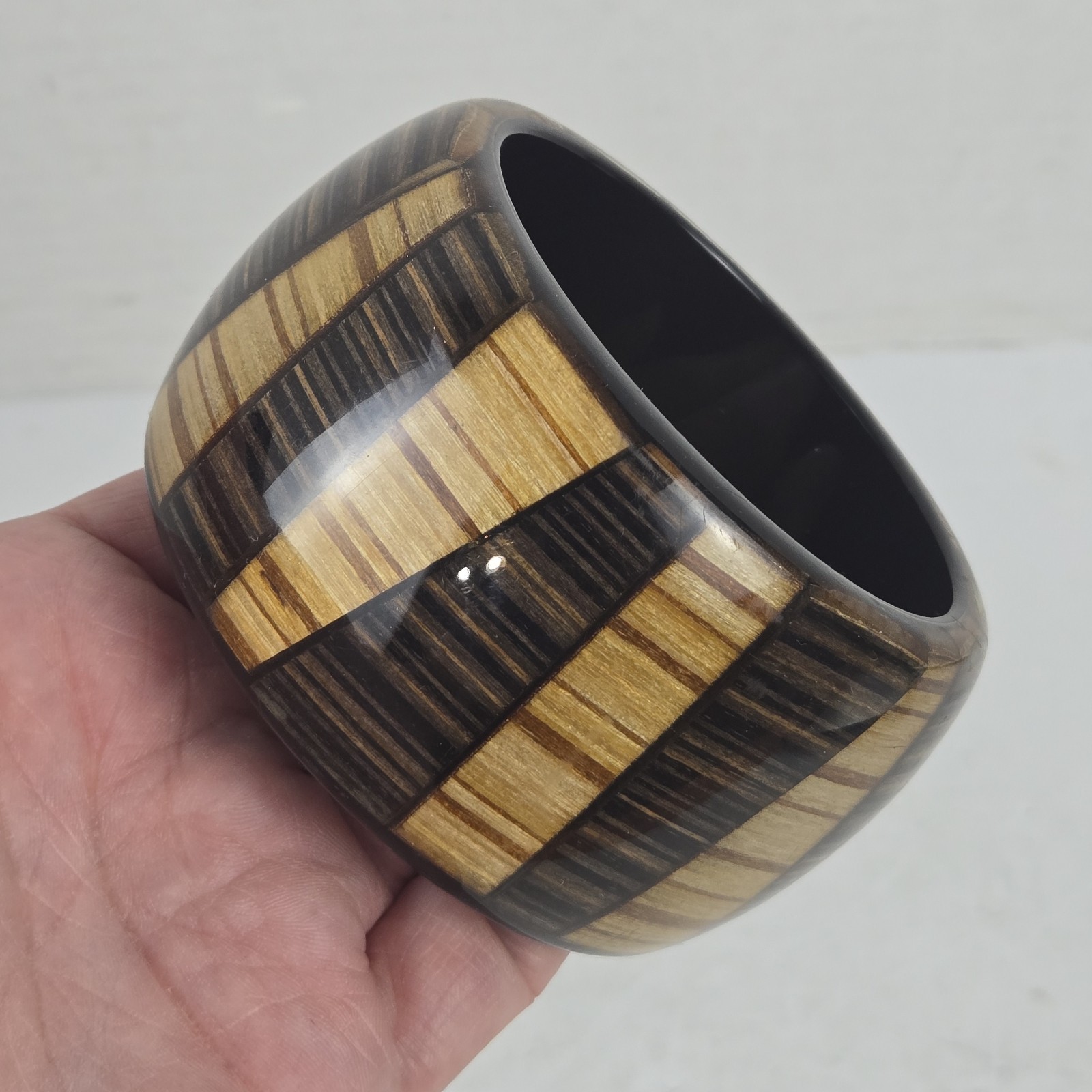 Vintage Bracelet Bangle Wide Lucite Plastic Woodgrain and Stripe Pattern EUC