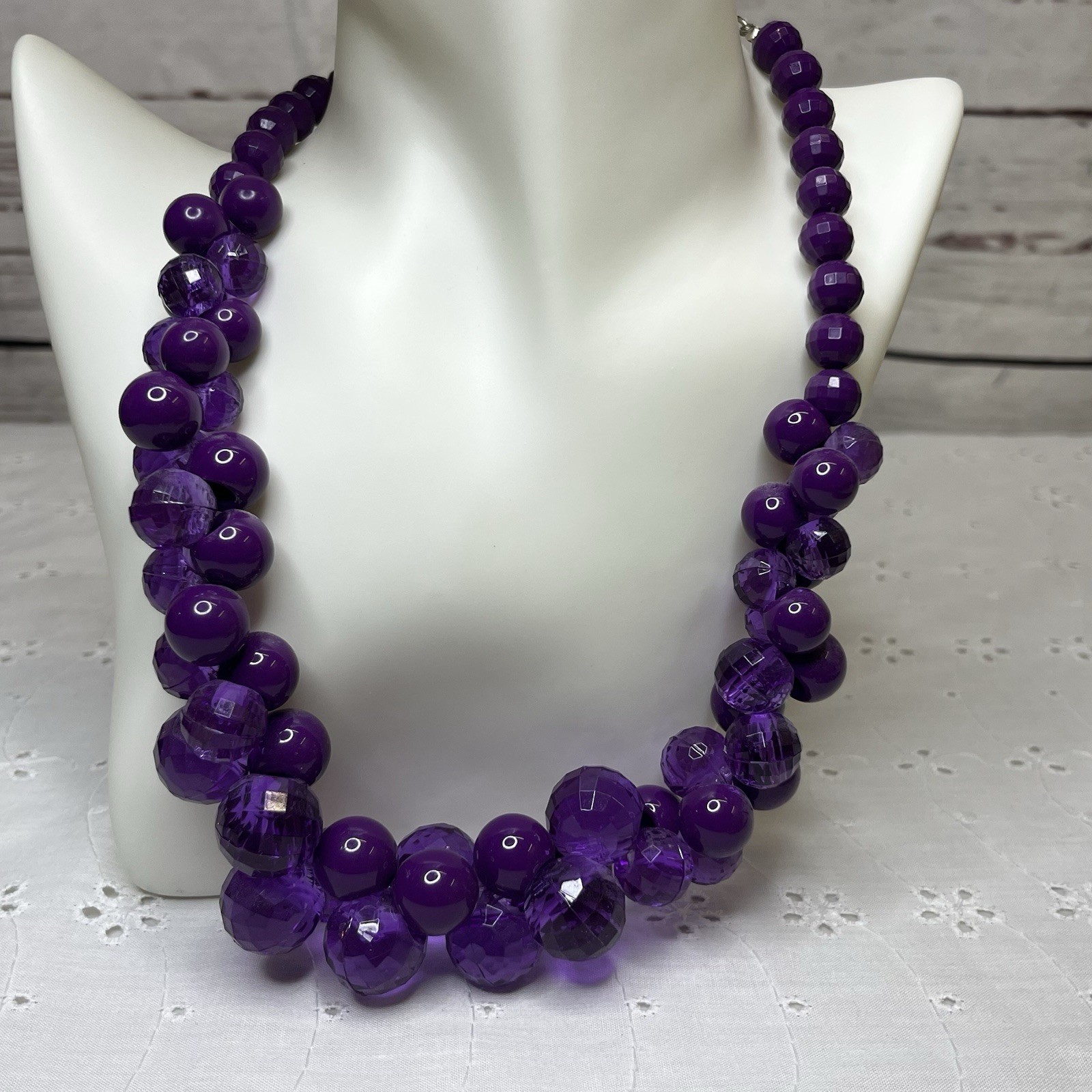 Lot of 3 Vintage Faceted Beaded Bauble Necklaces Purple Green Black White