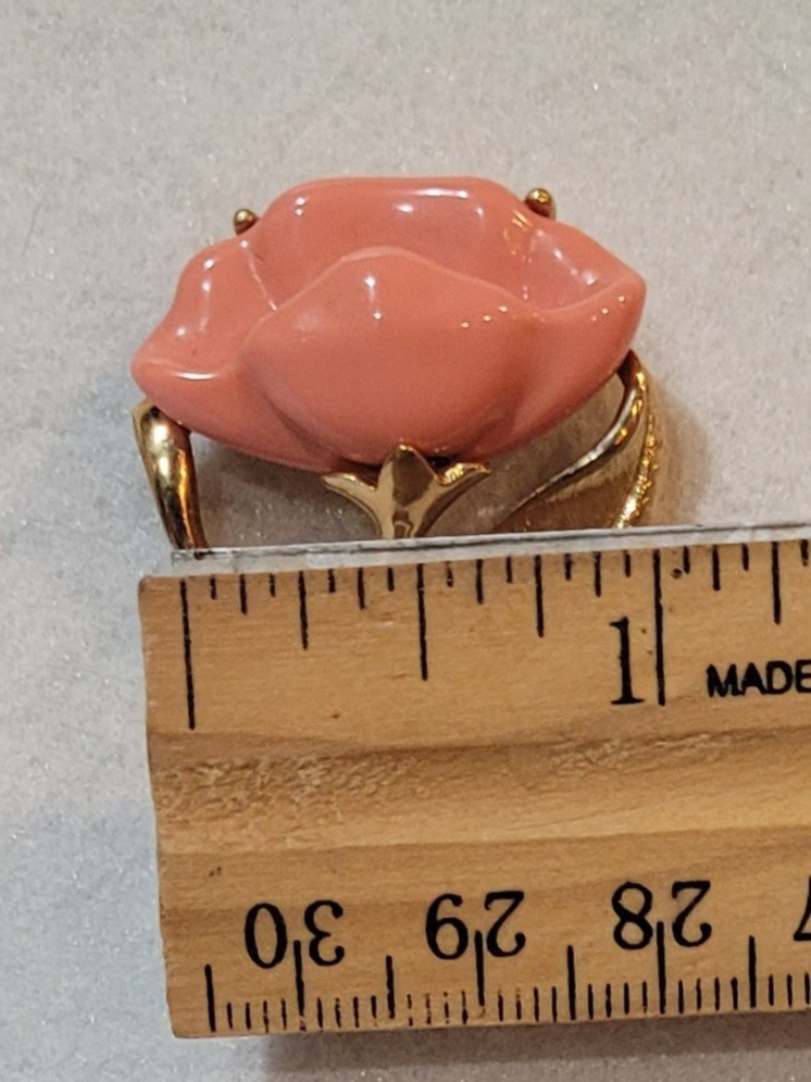 Vintage Signed AVON GoldToned Lucite Poppy Flower Pin Brooch Coral Color