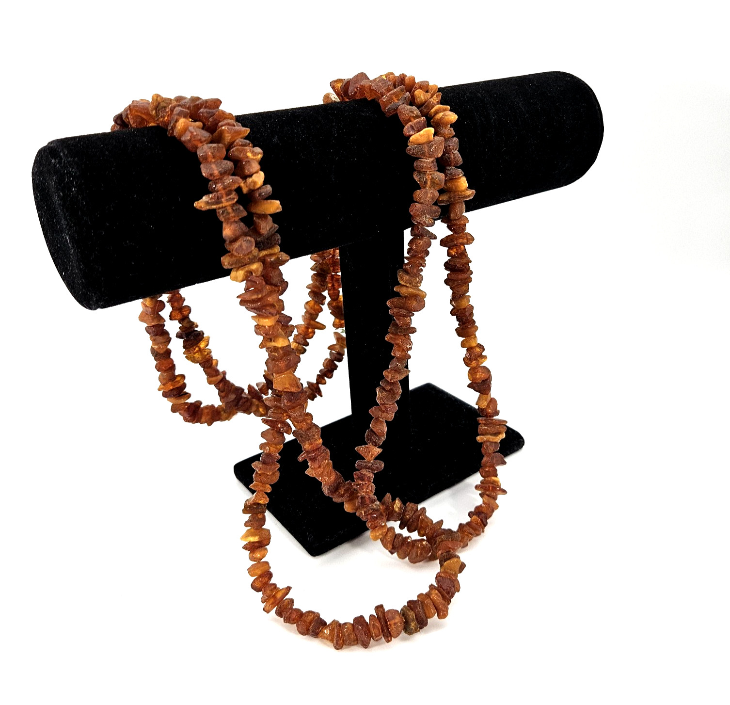 Vintage 64″ Baltic Amber Chip Bead Necklace 69.7g Raw Fluorescent Glow