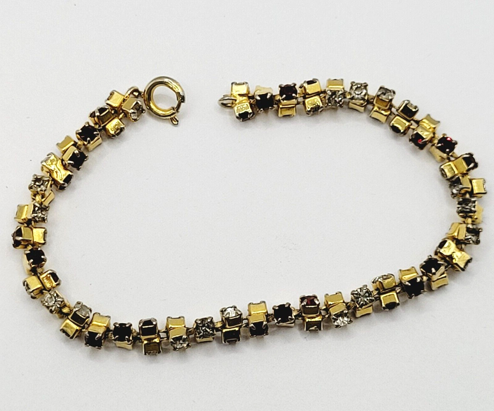 Unique Slightly Brutalist Style Gold Plated Bracelet Red White Rhinestone 7.5 In