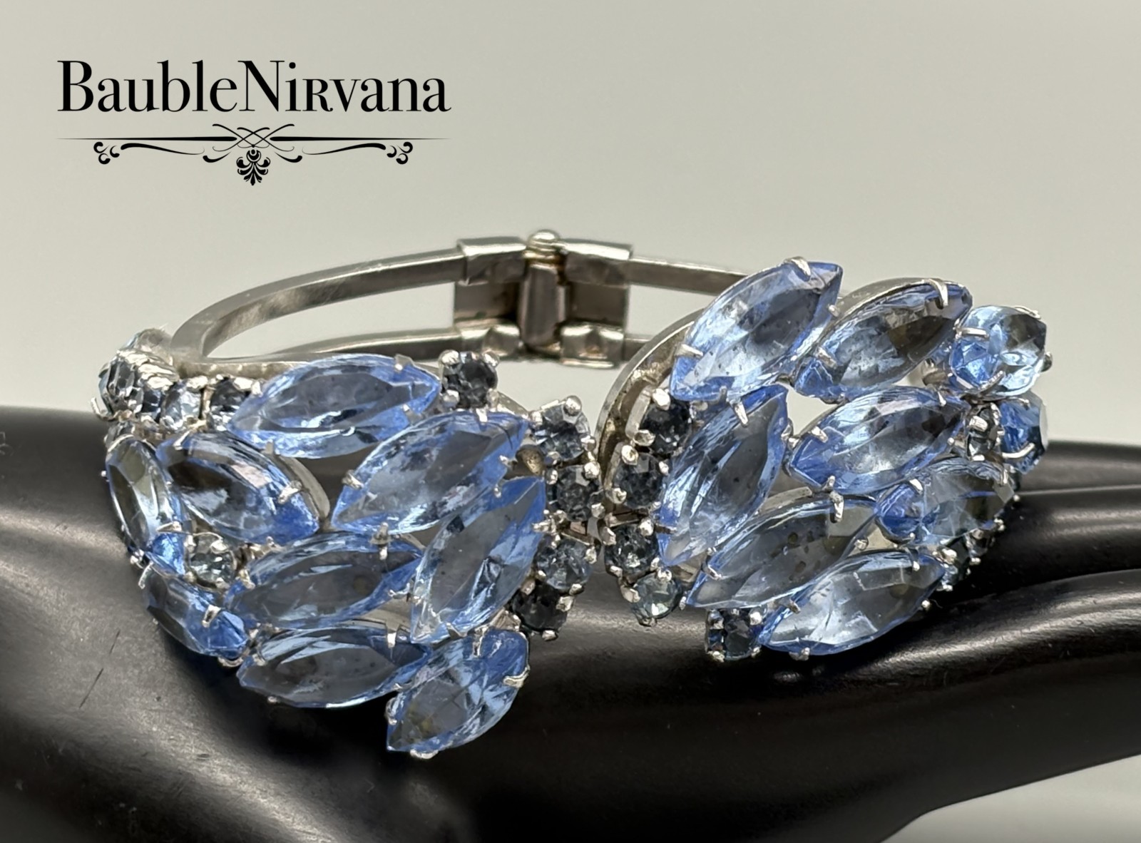 Vintage Icy Blue Prong Set Glass Stones Hinged Extra Wide Cuff Bracelet