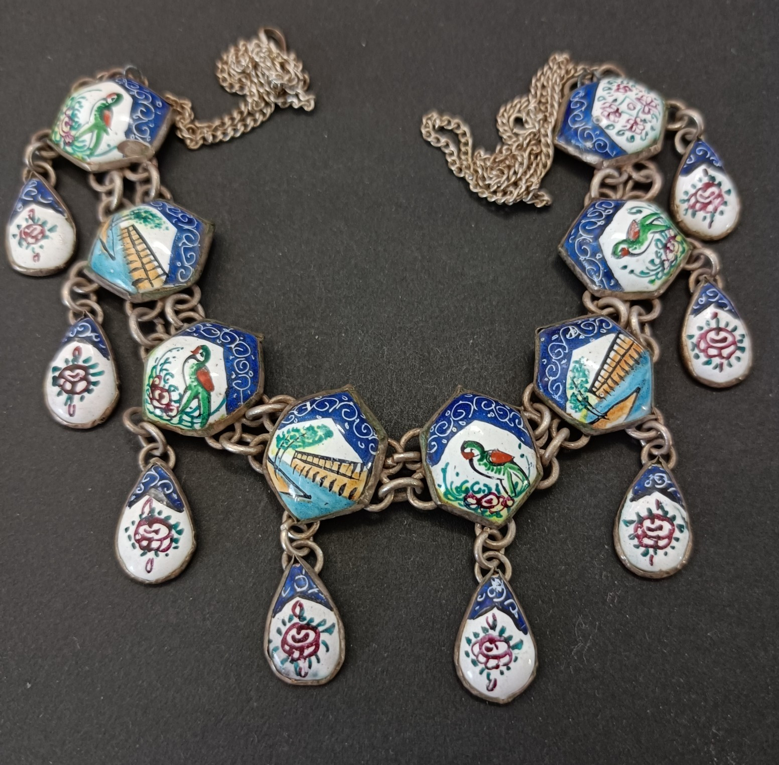 Boho Folk Art Middle Eastern Enamel Chandelier Necklace Blue Birds Landscape VTG