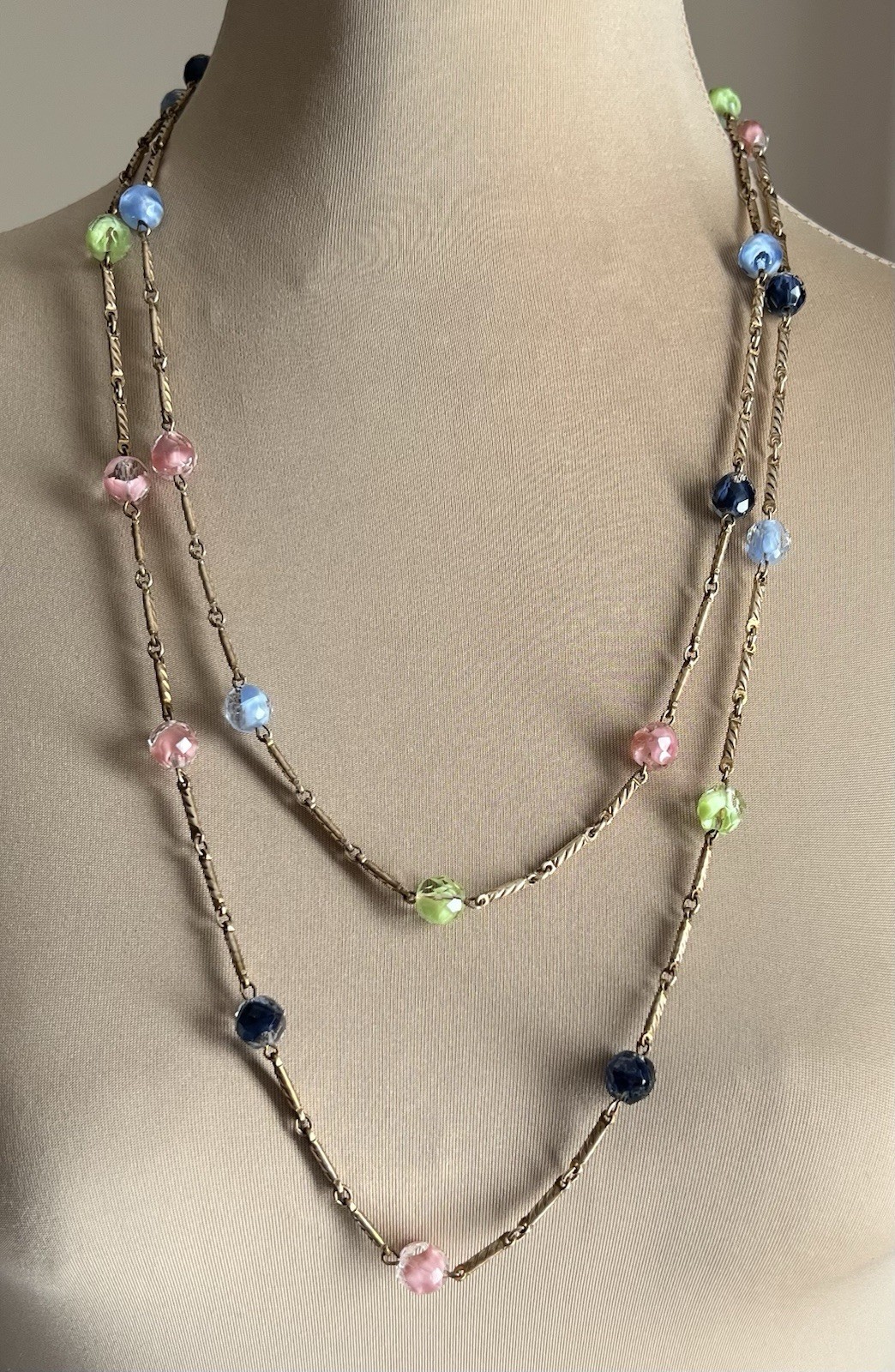 Vintage Gold Tone Textured Bar Link Chain 54” Long Multicolored Station Necklace