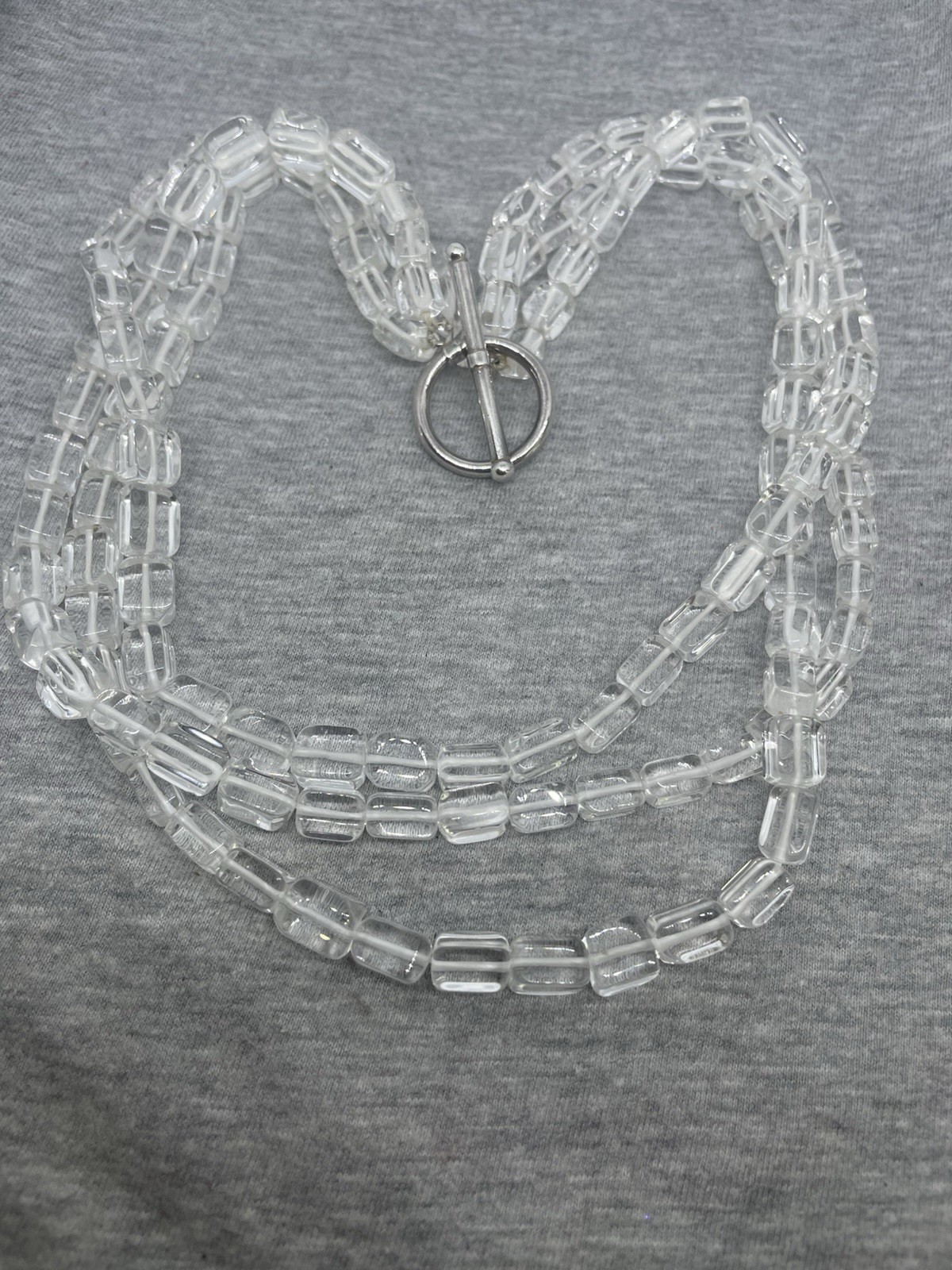 Vintage Clear Glass Beads Sterling Silver Toggle Closure 3 Strands Necklace