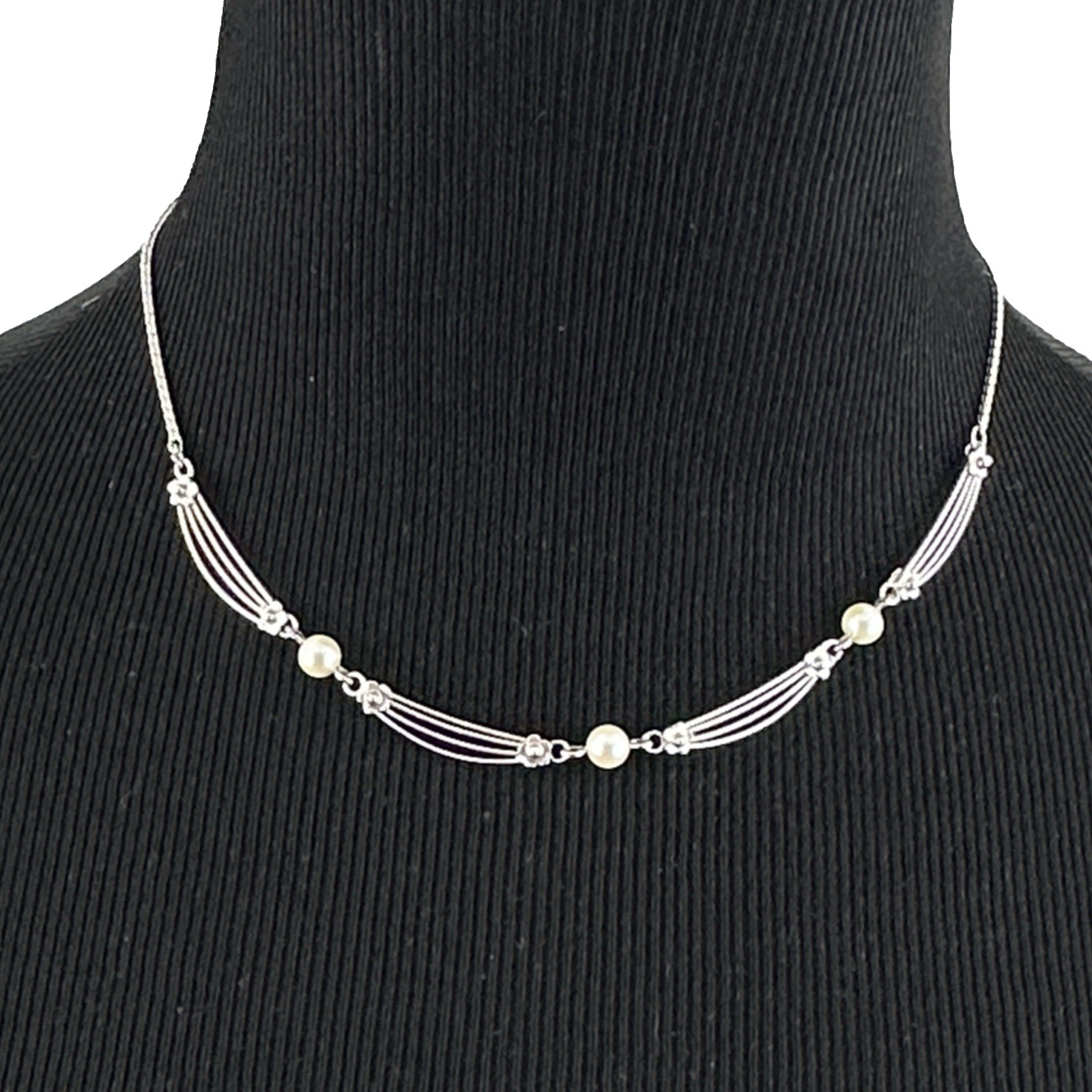 VAN DELL vintage necklace – sterling silver & cultured pearl choker 16″ delicate
