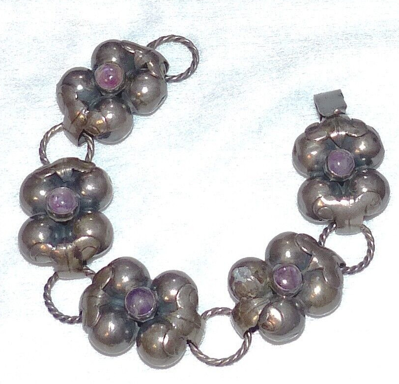 Mexican Silver Amethyst Bracelet With Slver Rope Links Vintage